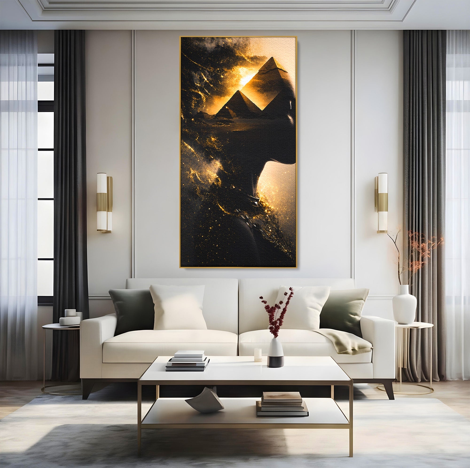 Tablou Canvas Premium LuxCanva® G1265, Misterul Piramidelor, Piramide, Silhouette, Femeie, Egipt, Mister, Living, Culori Vibrante