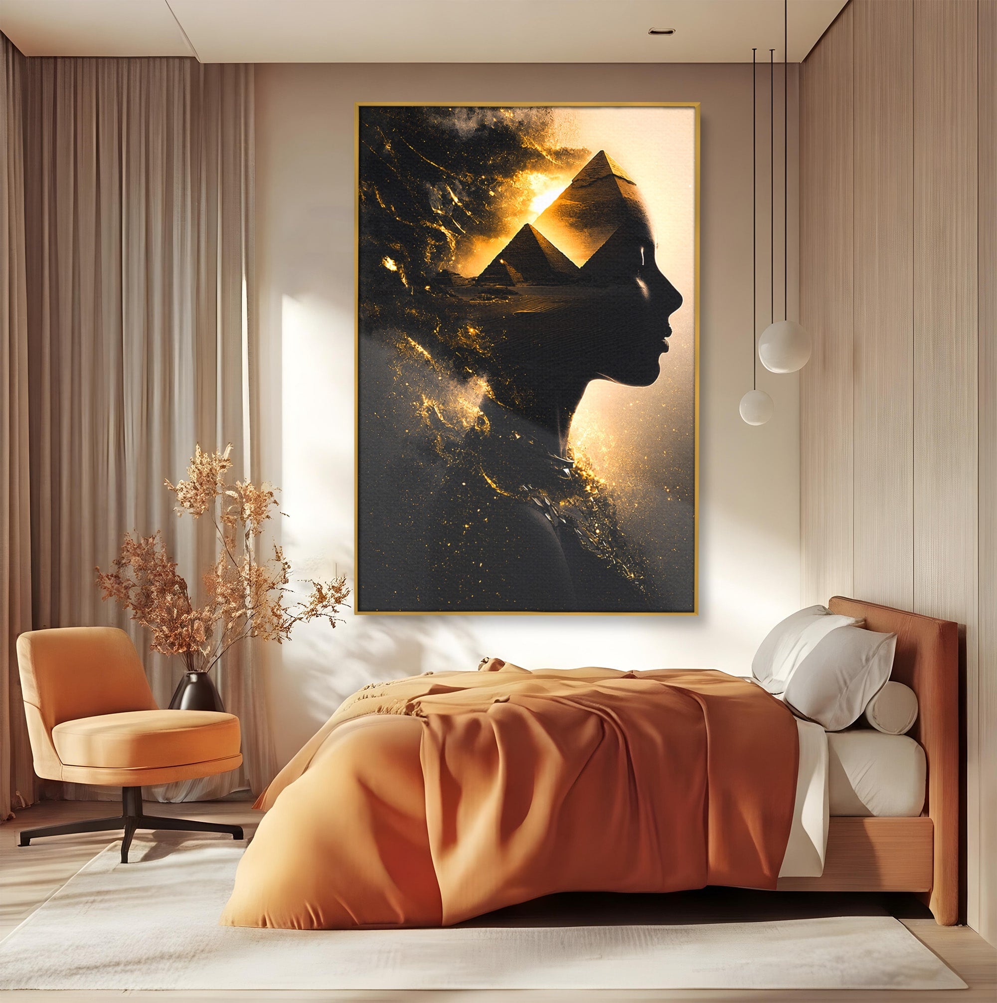 Tablou Canvas Premium LuxCanva® G1265, Misterul Piramidelor, Piramide, Silhouette, Femeie, Egipt, Mister, Living, Culori Vibrante