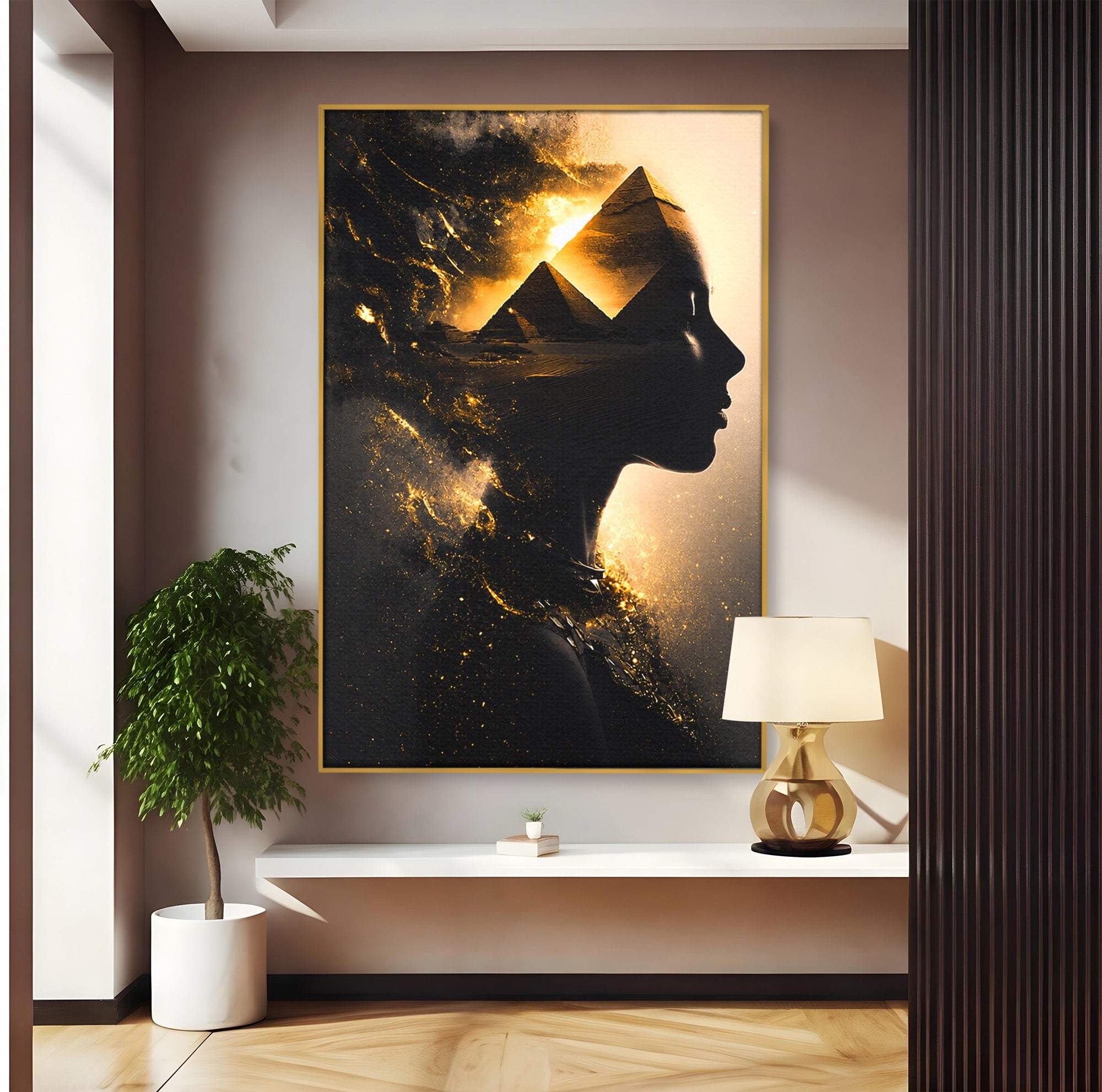 Tablou Canvas Premium LuxCanva® G1265, Misterul Piramidelor, Piramide, Silhouette, Femeie, Egipt, Mister, Living, Culori Vibrante