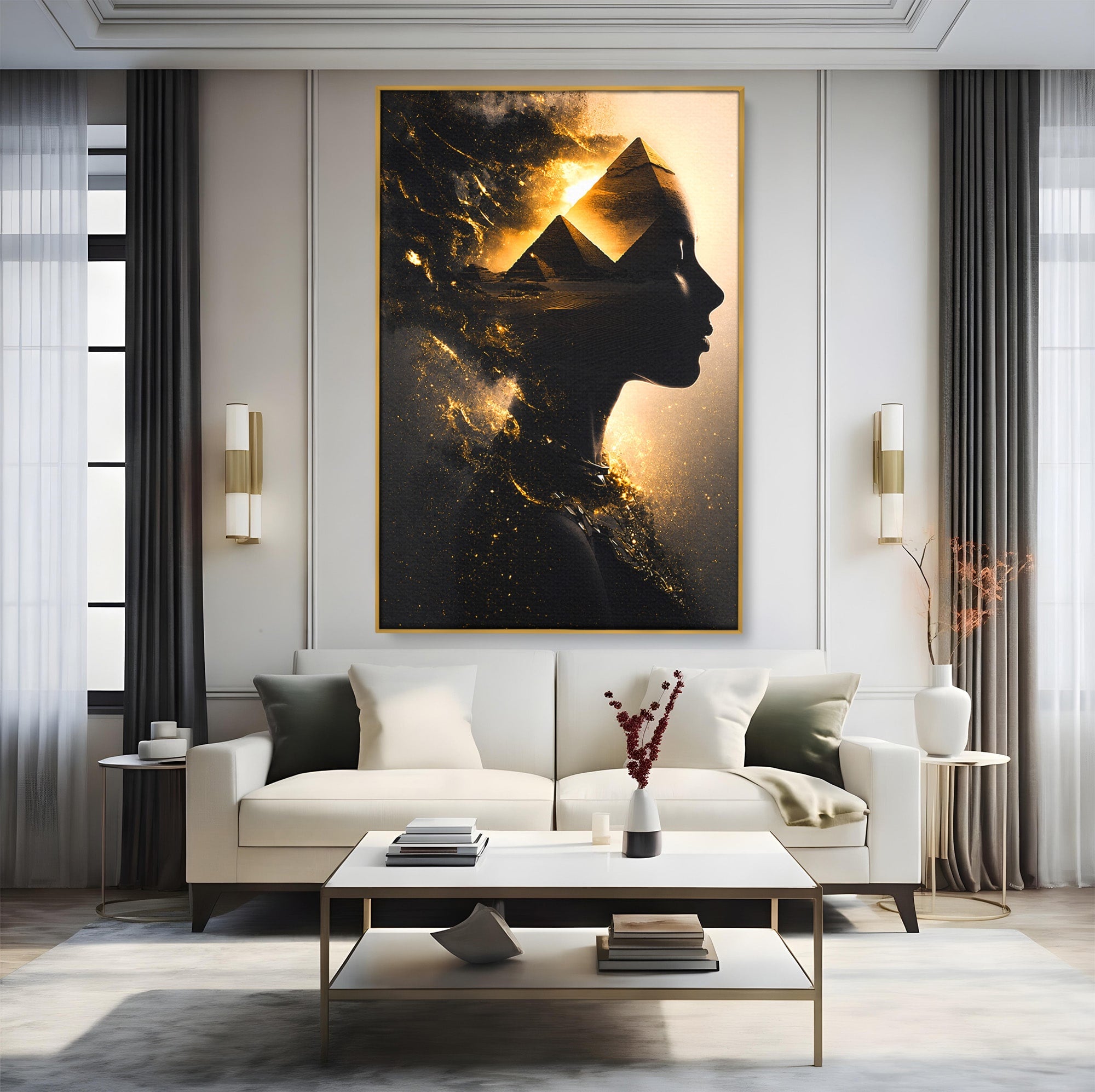 Tablou Canvas Premium LuxCanva® G1265, Misterul Piramidelor, Piramide, Silhouette, Femeie, Egipt, Mister, Living, Culori Vibrante