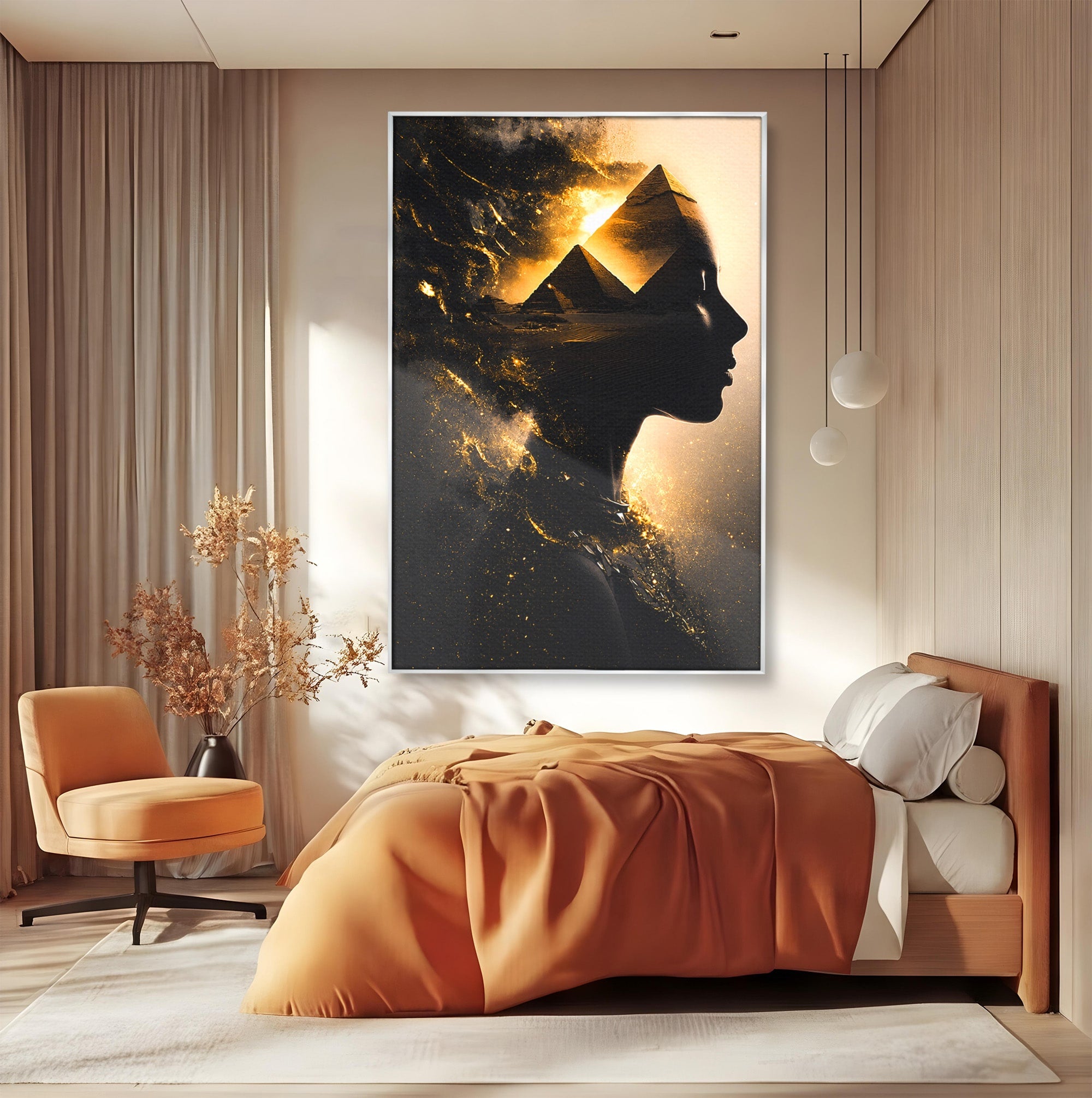 Tablou Canvas Premium LuxCanva® G1265, Misterul Piramidelor, Piramide, Silhouette, Femeie, Egipt, Mister, Living, Culori Vibrante