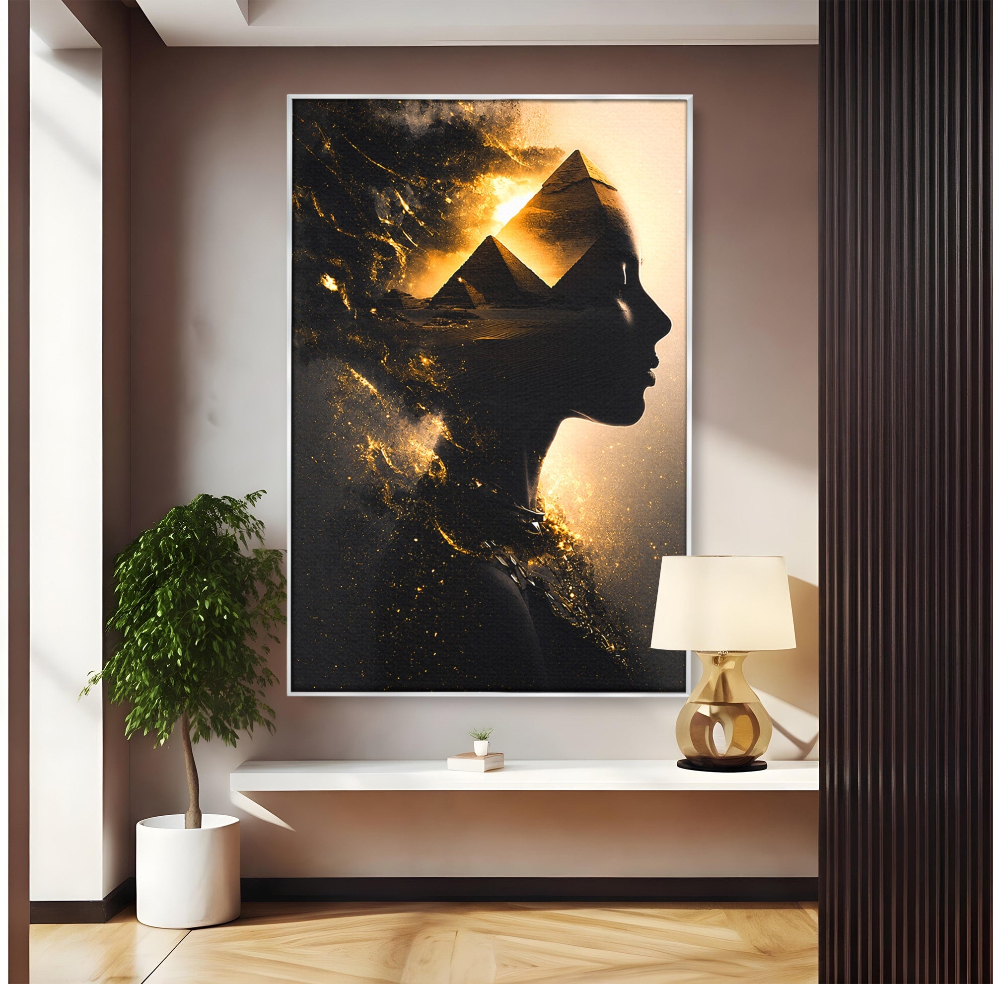 Tablou Canvas Premium LuxCanva® G1265, Misterul Piramidelor, Piramide, Silhouette, Femeie, Egipt, Mister, Living, Culori Vibrante