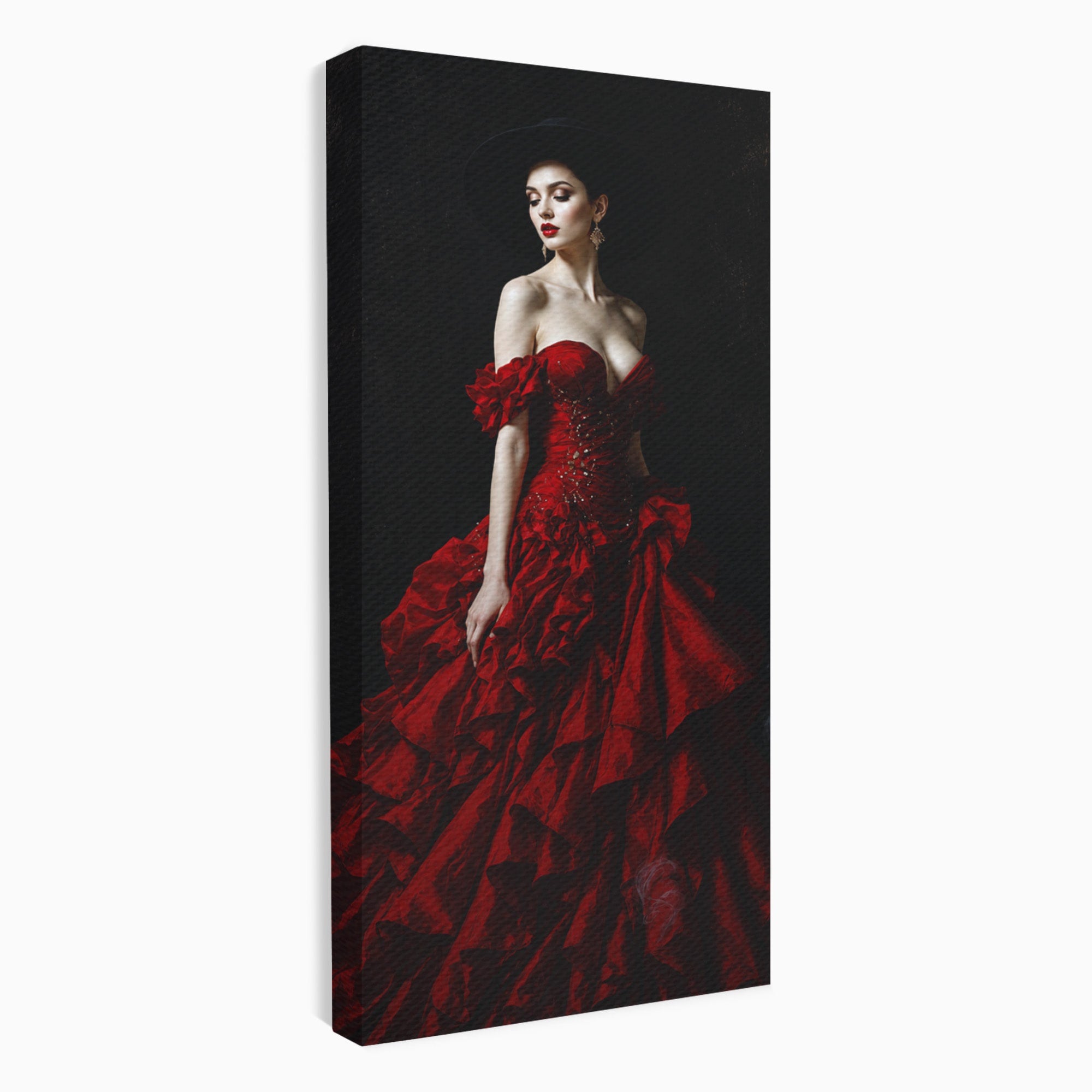 Tablou Canvas Premium LuxCanva® G1269, Eleganta In Rosu, Eleganta, Rochie, Femeie, Portret, Dormitor, Living, Culori Vibrante
