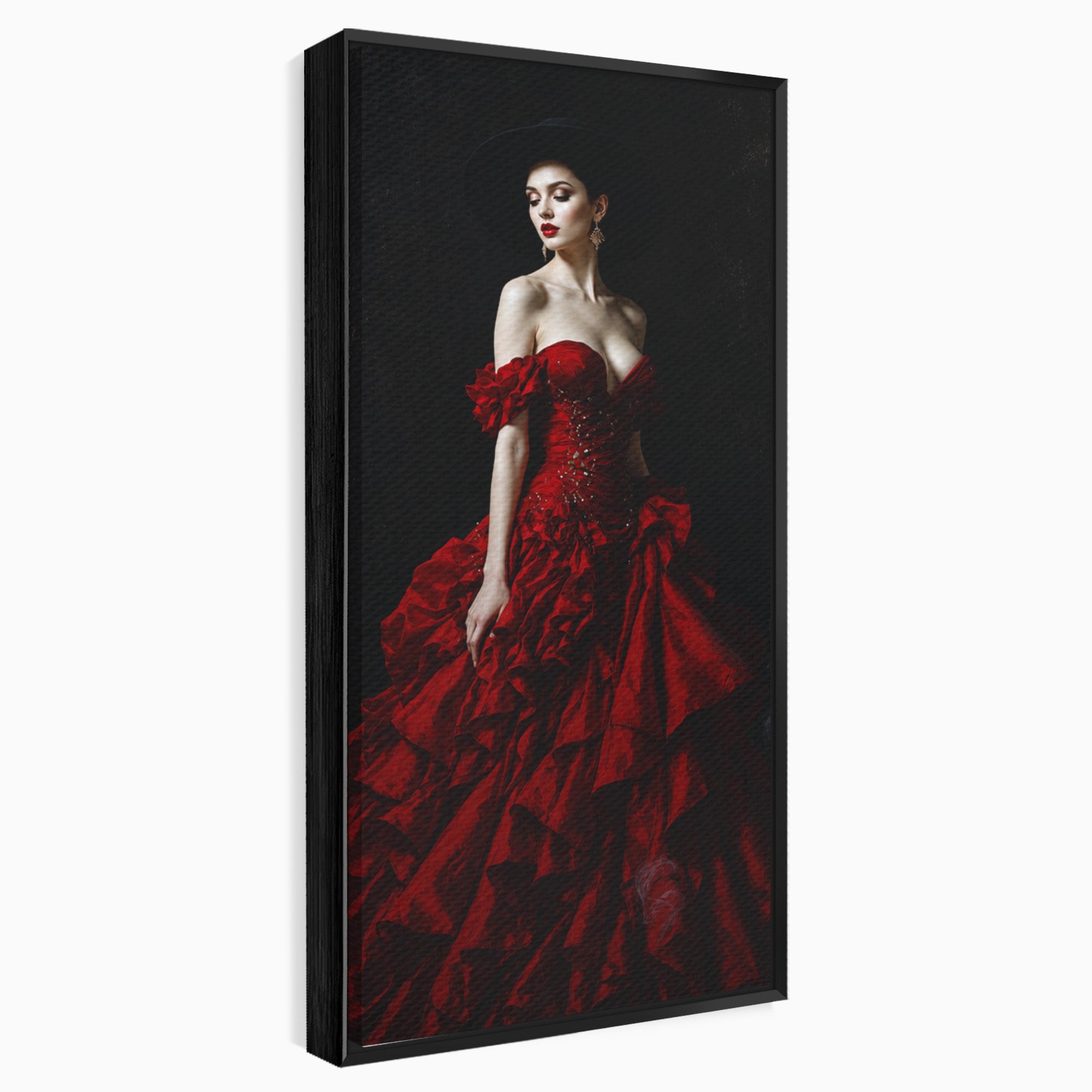 Tablou Canvas Premium LuxCanva® G1269, Eleganta In Rosu, Eleganta, Rochie, Femeie, Portret, Dormitor, Living, Culori Vibrante