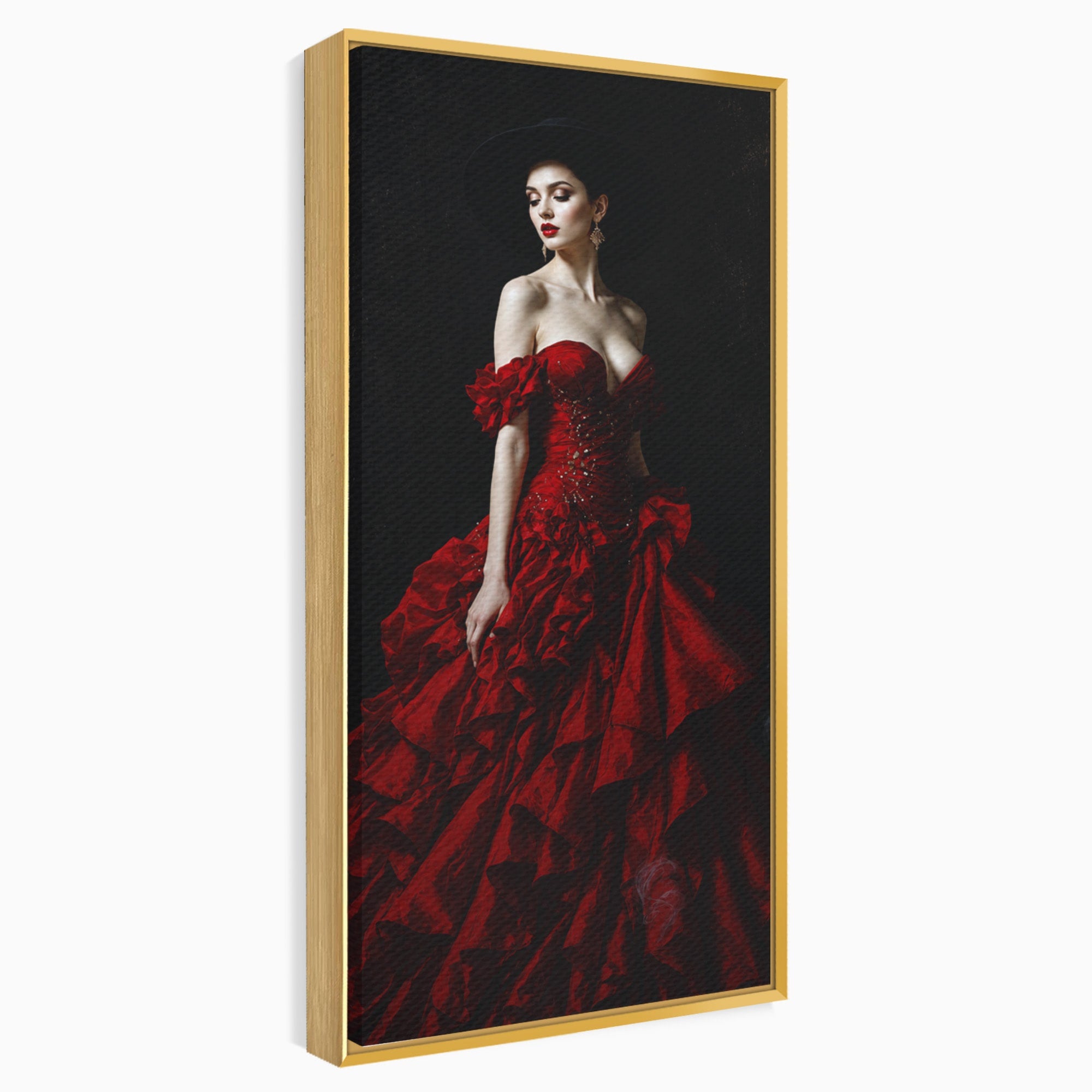 Tablou Canvas Premium LuxCanva® G1269, Eleganta In Rosu, Eleganta, Rochie, Femeie, Portret, Dormitor, Living, Culori Vibrante