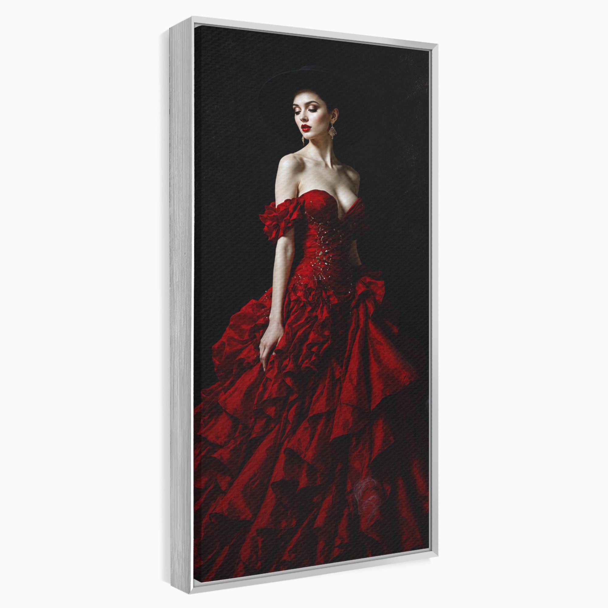Tablou Canvas Premium LuxCanva® G1269, Eleganta In Rosu, Eleganta, Rochie, Femeie, Portret, Dormitor, Living, Culori Vibrante