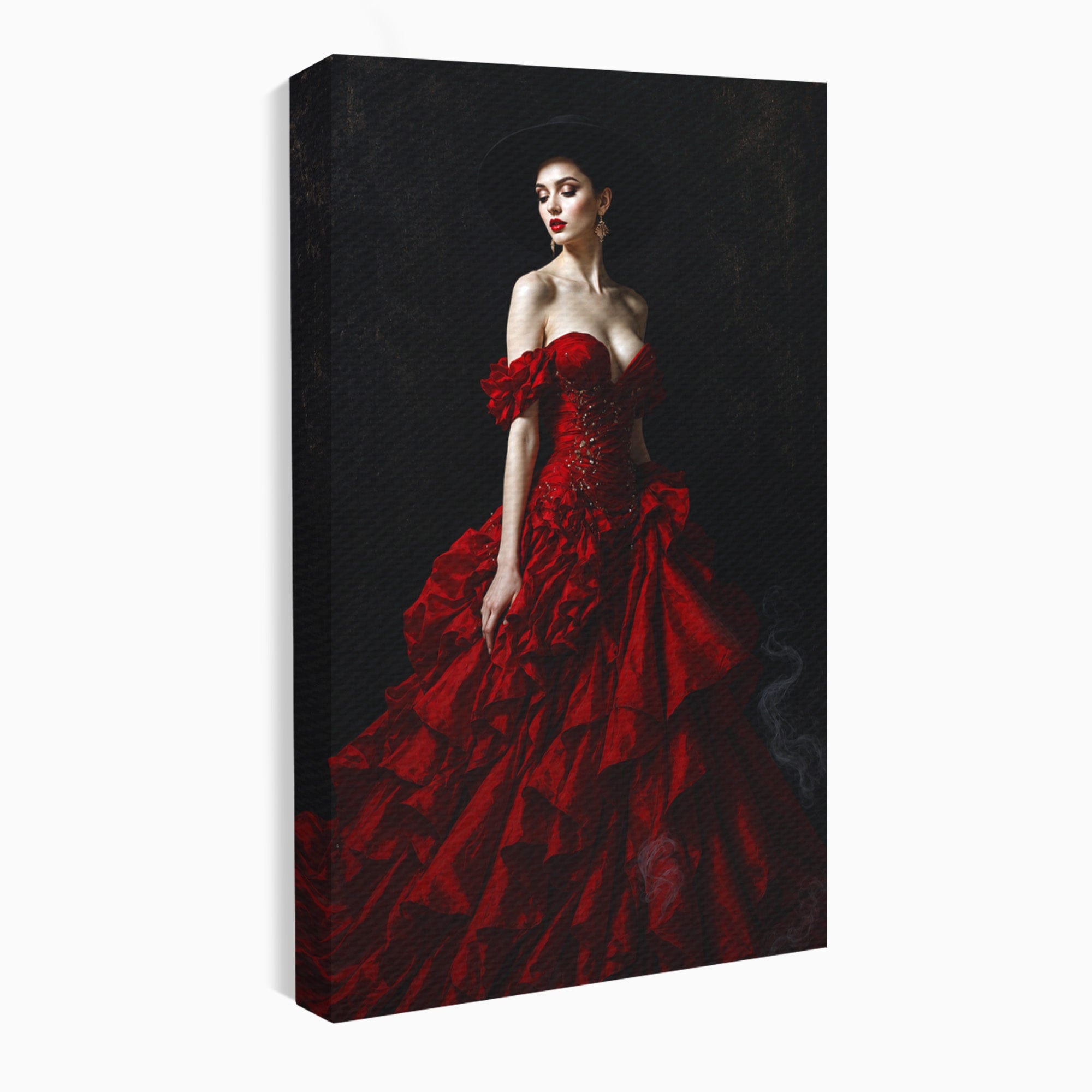 Tablou Canvas Premium LuxCanva® G1269, Eleganta In Rosu, Eleganta, Rochie, Femeie, Portret, Dormitor, Living, Culori Vibrante