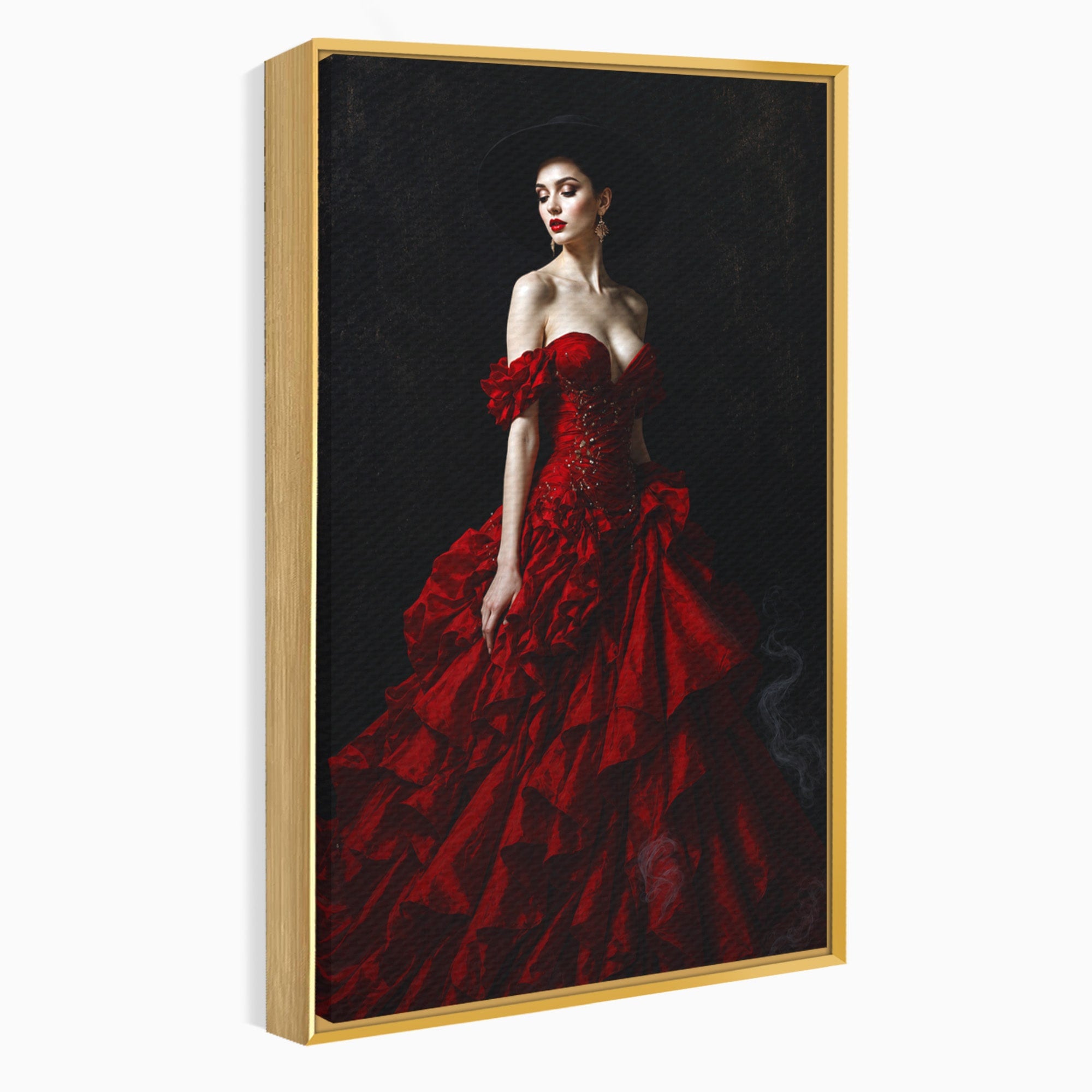 Tablou Canvas Premium LuxCanva® G1269, Eleganta In Rosu, Eleganta, Rochie, Femeie, Portret, Dormitor, Living, Culori Vibrante