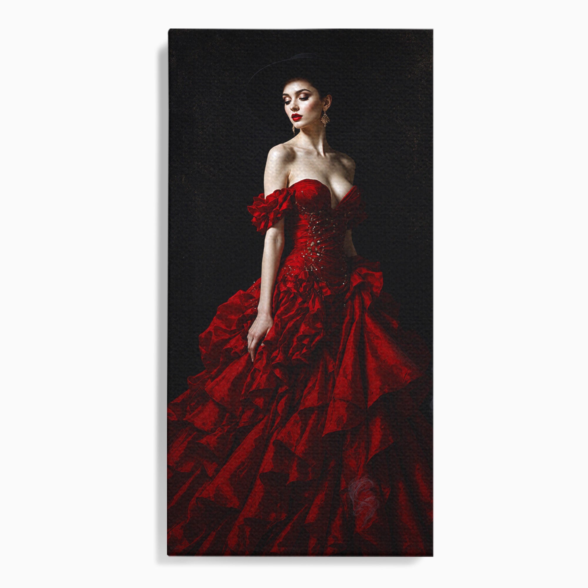 Tablou Canvas Premium LuxCanva® G1269, Eleganta In Rosu, Eleganta, Rochie, Femeie, Portret, Dormitor, Living, Culori Vibrante