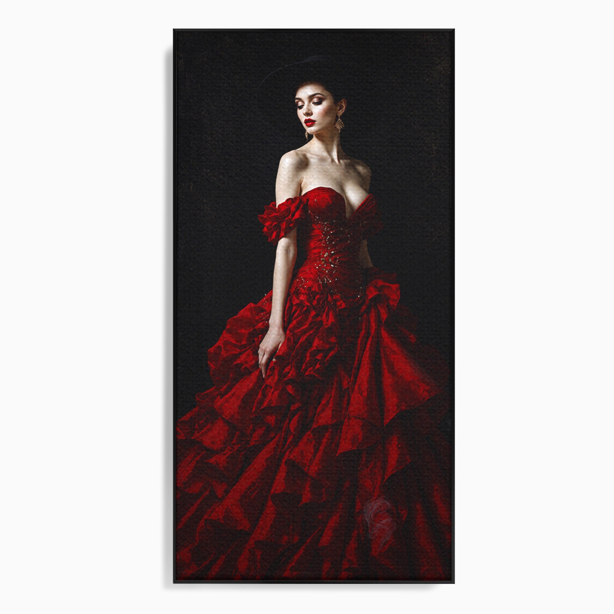 Tablou Canvas Premium LuxCanva® G1269, Eleganta In Rosu, Eleganta, Rochie, Femeie, Portret, Dormitor, Living, Culori Vibrante