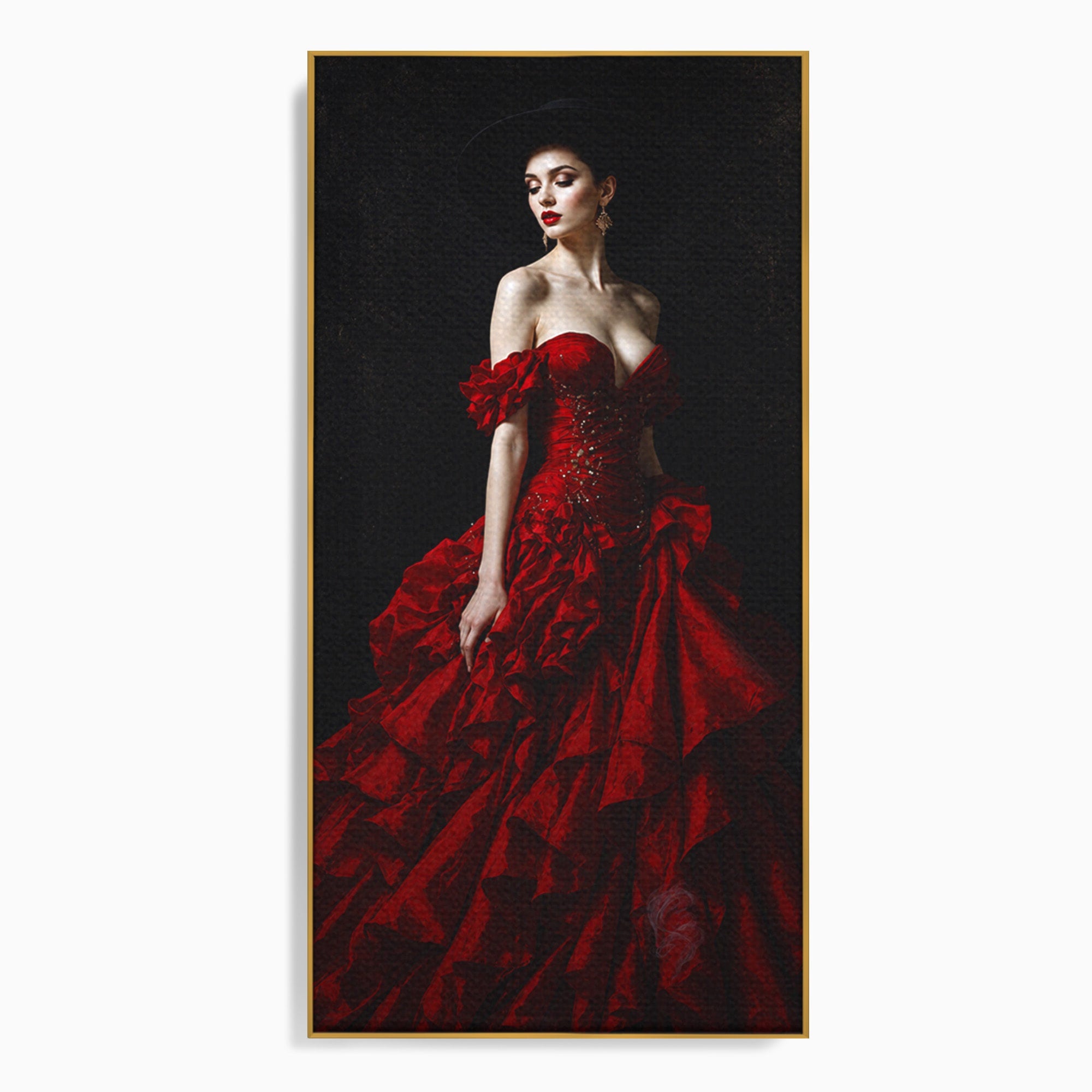 Tablou Canvas Premium LuxCanva® G1269, Eleganta In Rosu, Eleganta, Rochie, Femeie, Portret, Dormitor, Living, Culori Vibrante