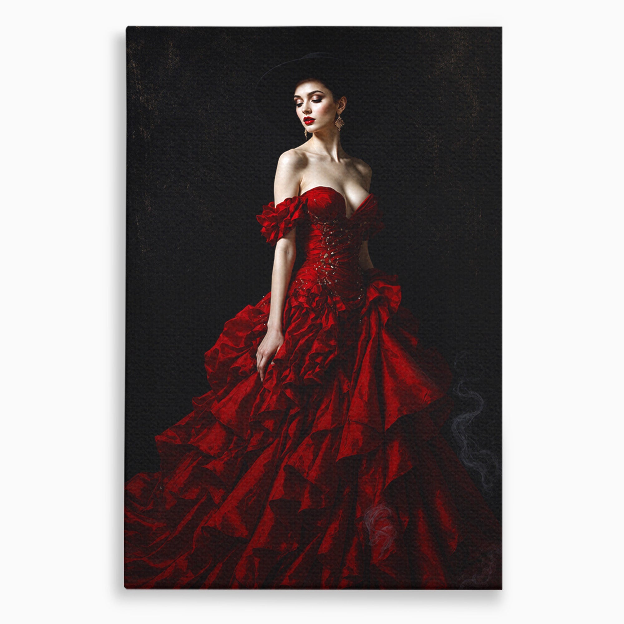 Tablou Canvas Premium LuxCanva® G1269, Eleganta In Rosu, Eleganta, Rochie, Femeie, Portret, Dormitor, Living, Culori Vibrante