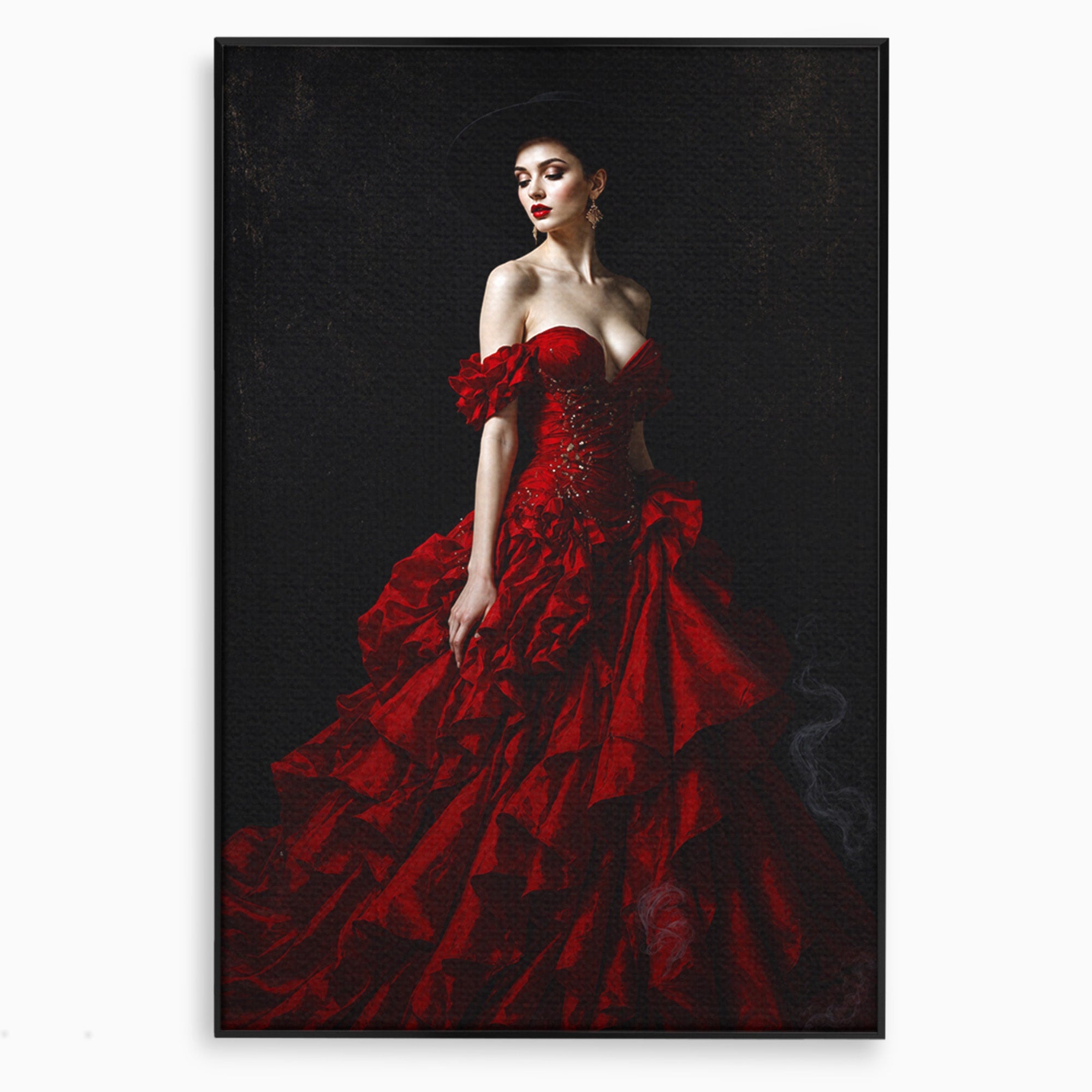 Tablou Canvas Premium LuxCanva® G1269, Eleganta In Rosu, Eleganta, Rochie, Femeie, Portret, Dormitor, Living, Culori Vibrante
