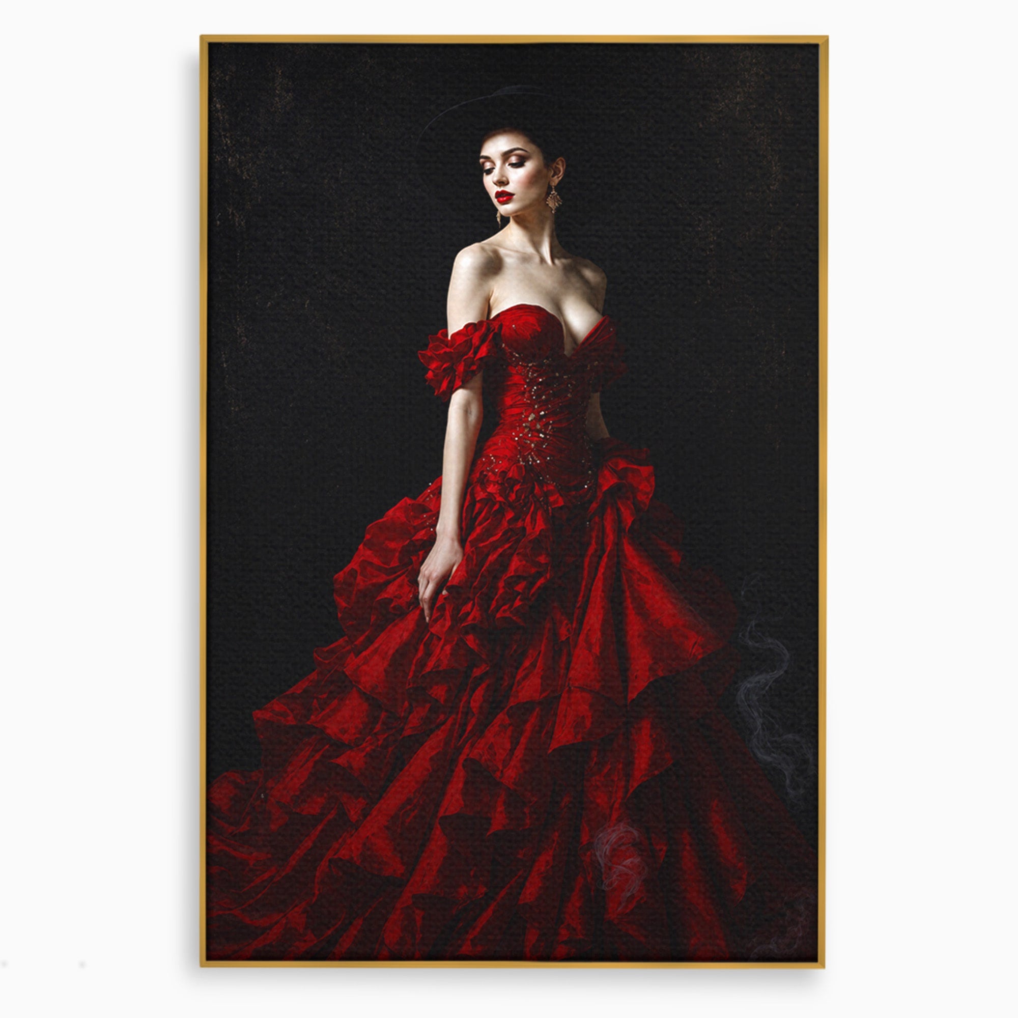 Tablou Canvas Premium LuxCanva® G1269, Eleganta In Rosu, Eleganta, Rochie, Femeie, Portret, Dormitor, Living, Culori Vibrante