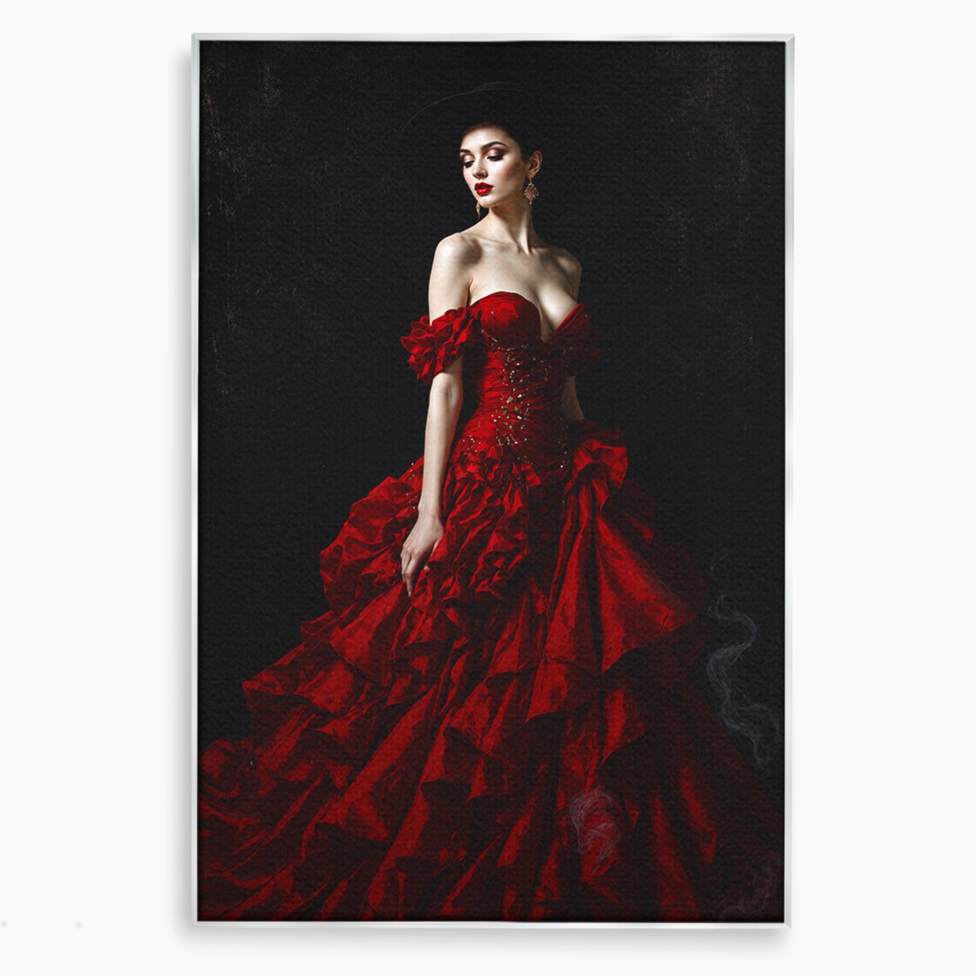 Tablou Canvas Premium LuxCanva® G1269, Eleganta In Rosu, Eleganta, Rochie, Femeie, Portret, Dormitor, Living, Culori Vibrante