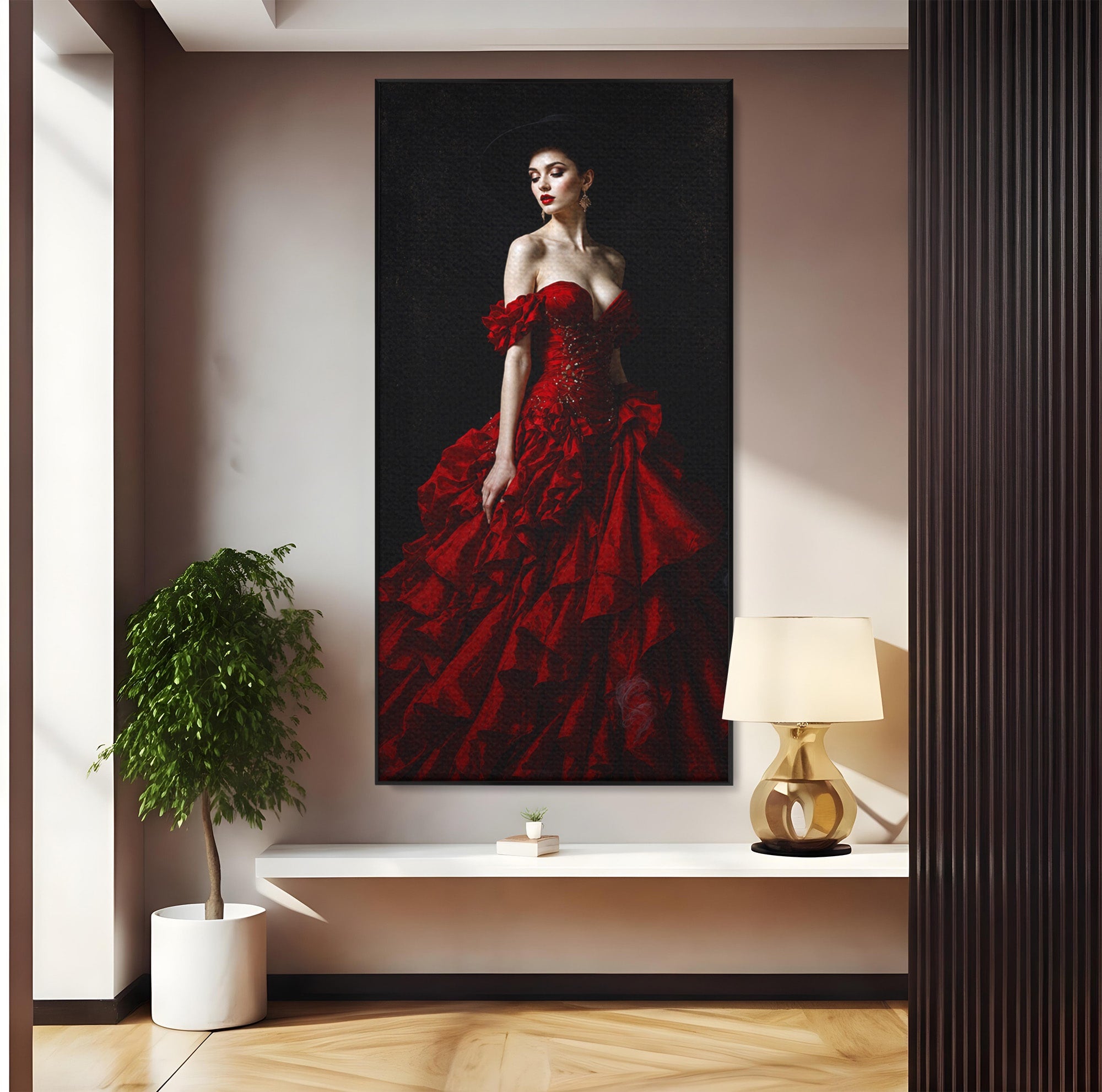 Tablou Canvas Premium LuxCanva® G1269, Eleganta In Rosu, Eleganta, Rochie, Femeie, Portret, Dormitor, Living, Culori Vibrante