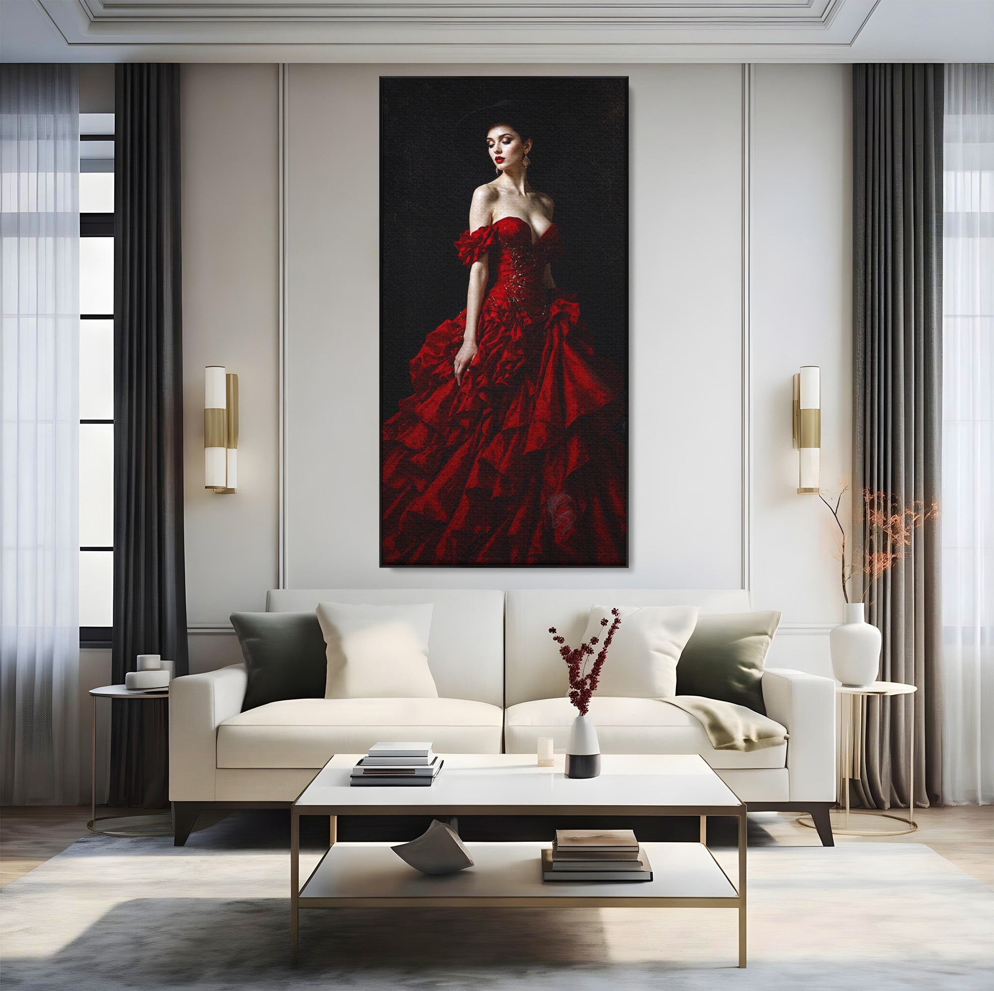 Tablou Canvas Premium LuxCanva® G1269, Eleganta In Rosu, Eleganta, Rochie, Femeie, Portret, Dormitor, Living, Culori Vibrante