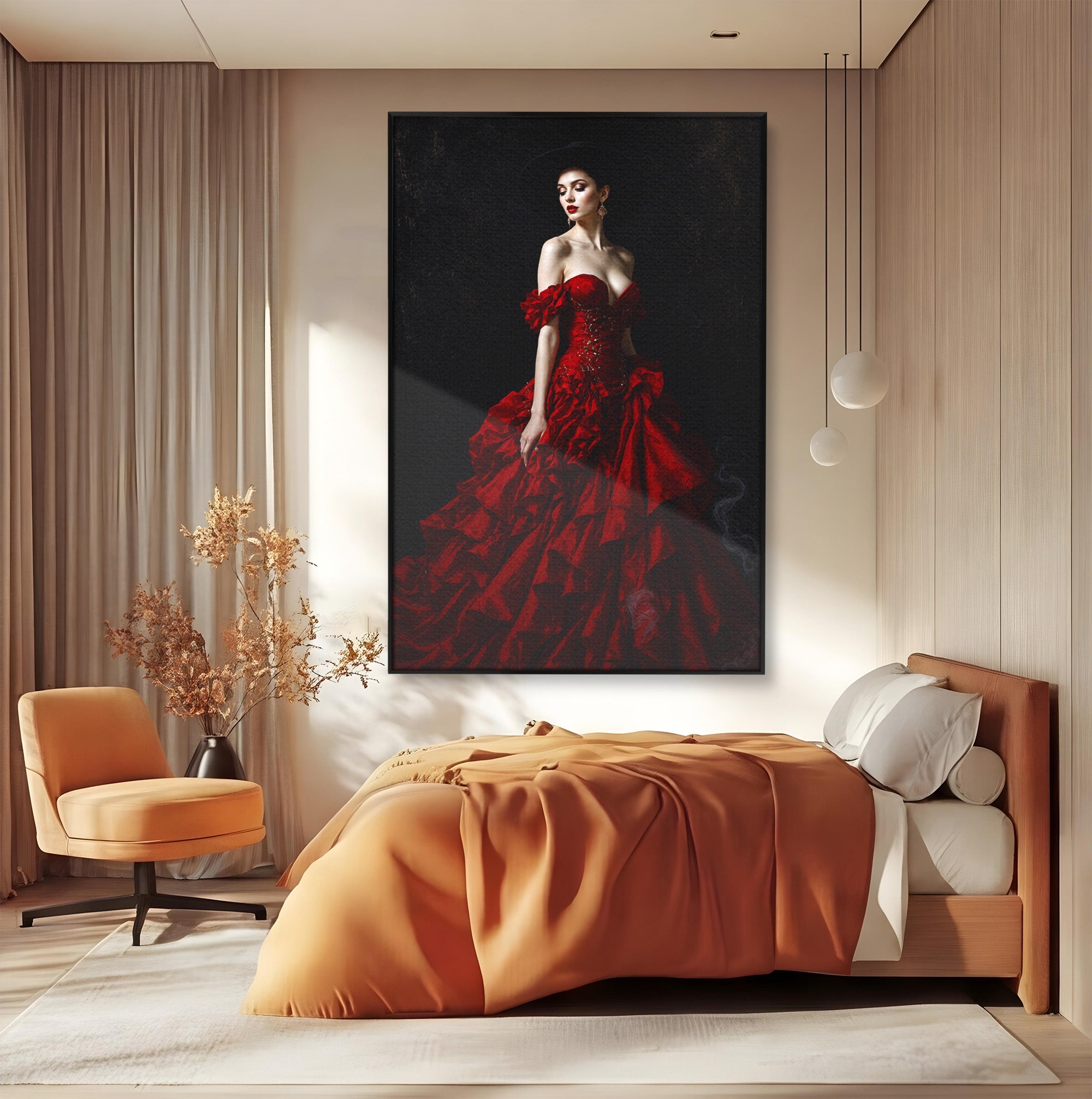 Tablou Canvas Premium LuxCanva® G1269, Eleganta In Rosu, Eleganta, Rochie, Femeie, Portret, Dormitor, Living, Culori Vibrante