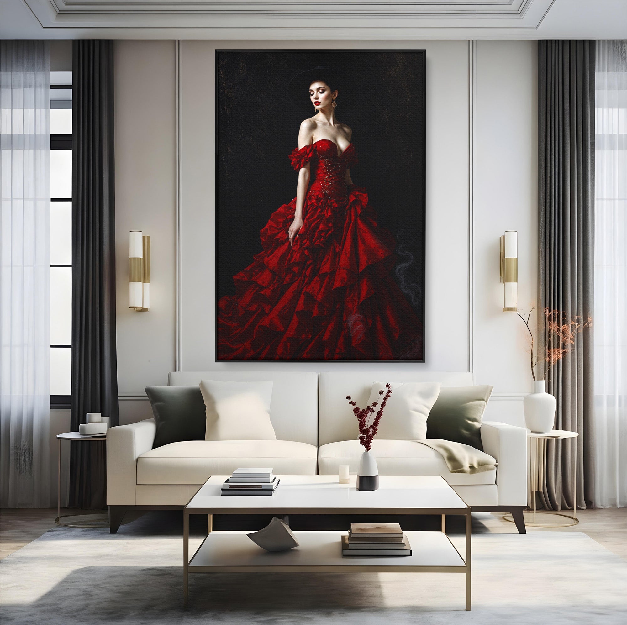 Tablou Canvas Premium LuxCanva® G1269, Eleganta In Rosu, Eleganta, Rochie, Femeie, Portret, Dormitor, Living, Culori Vibrante