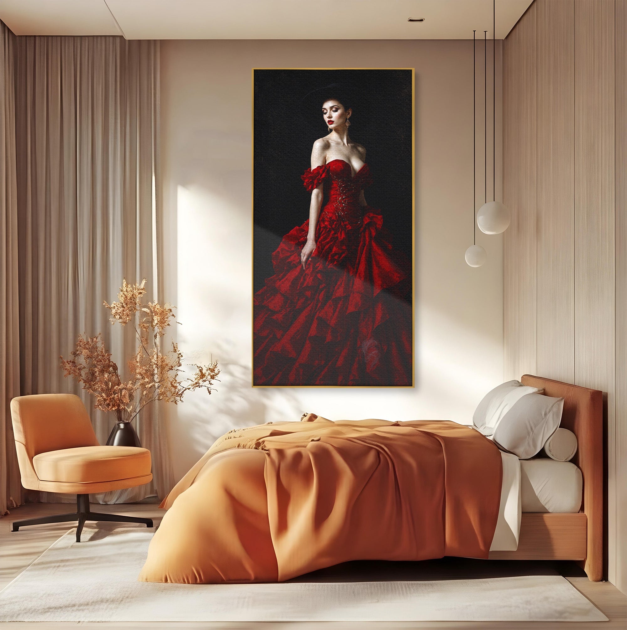 Tablou Canvas Premium LuxCanva® G1269, Eleganta In Rosu, Eleganta, Rochie, Femeie, Portret, Dormitor, Living, Culori Vibrante