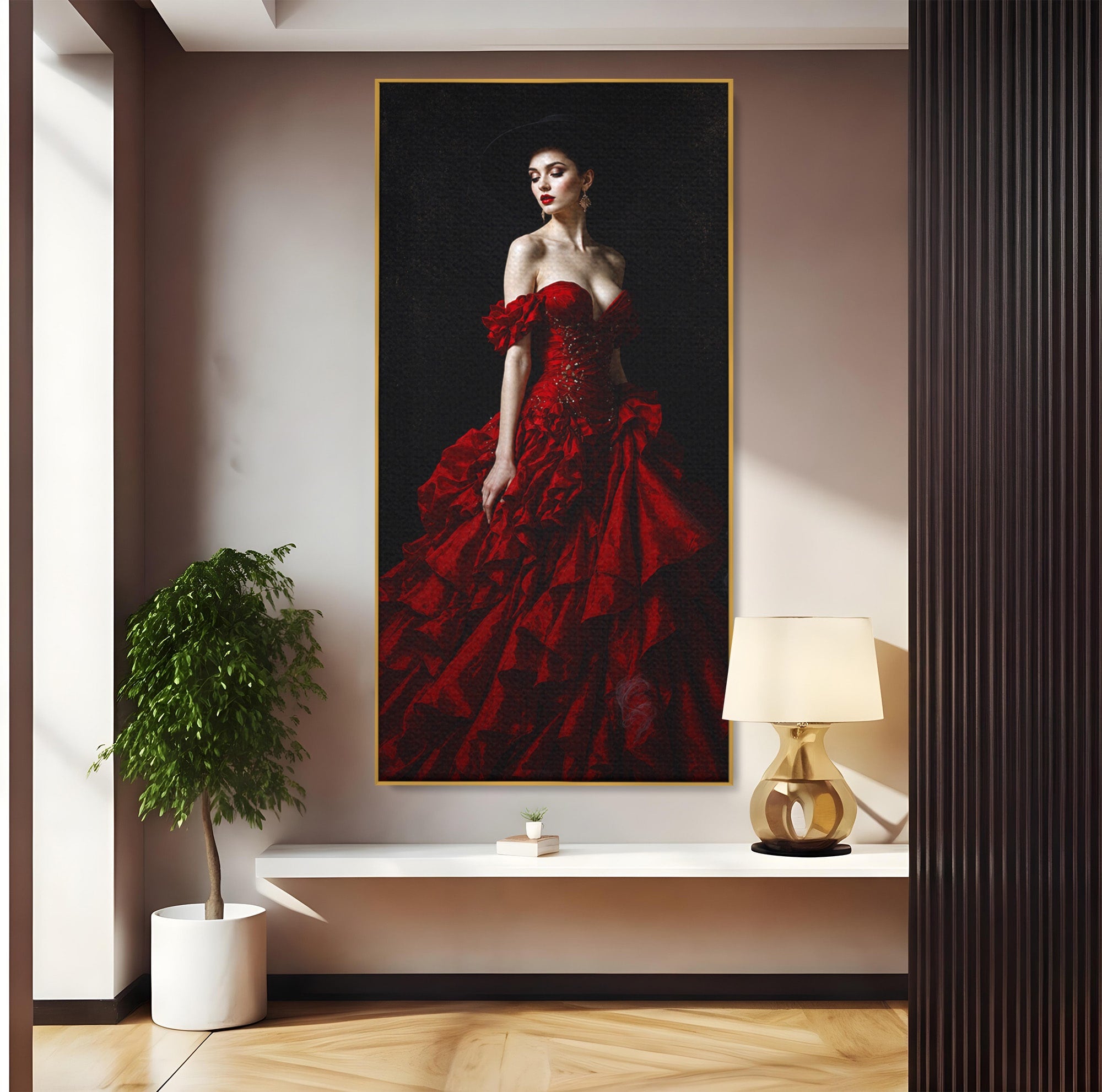 Tablou Canvas Premium LuxCanva® G1269, Eleganta In Rosu, Eleganta, Rochie, Femeie, Portret, Dormitor, Living, Culori Vibrante