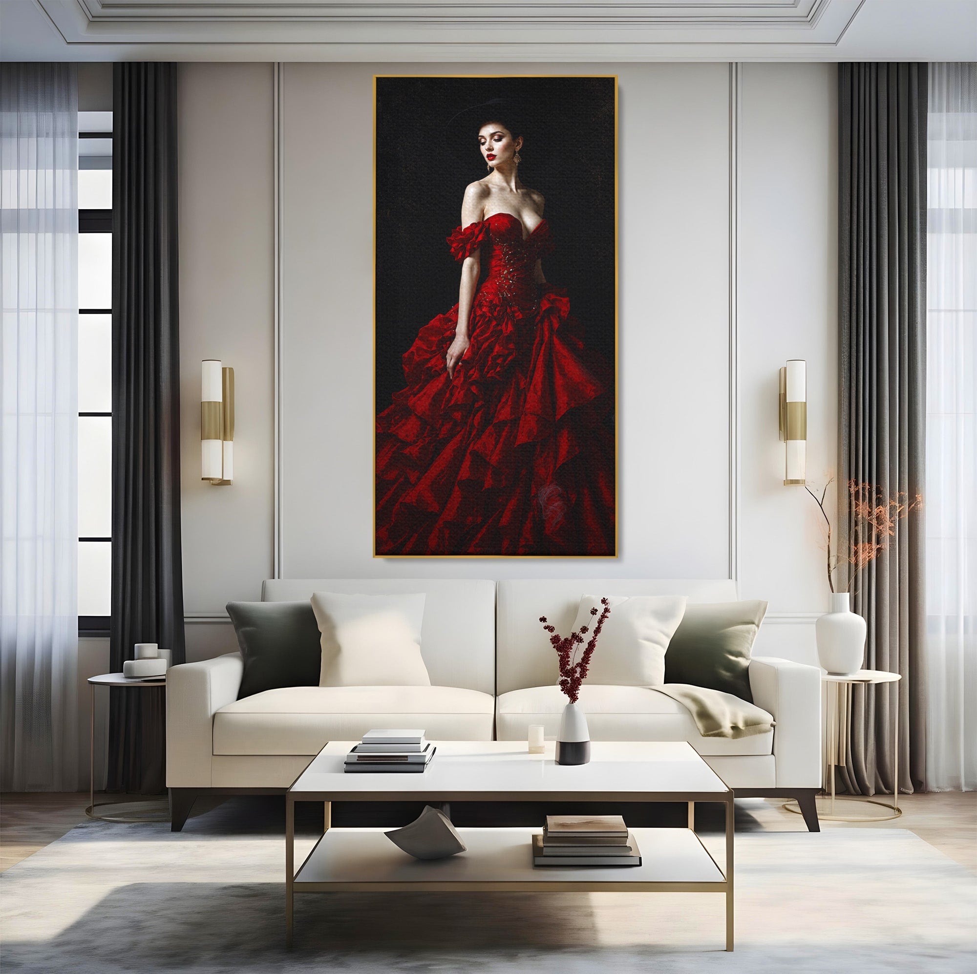 Tablou Canvas Premium LuxCanva® G1269, Eleganta In Rosu, Eleganta, Rochie, Femeie, Portret, Dormitor, Living, Culori Vibrante