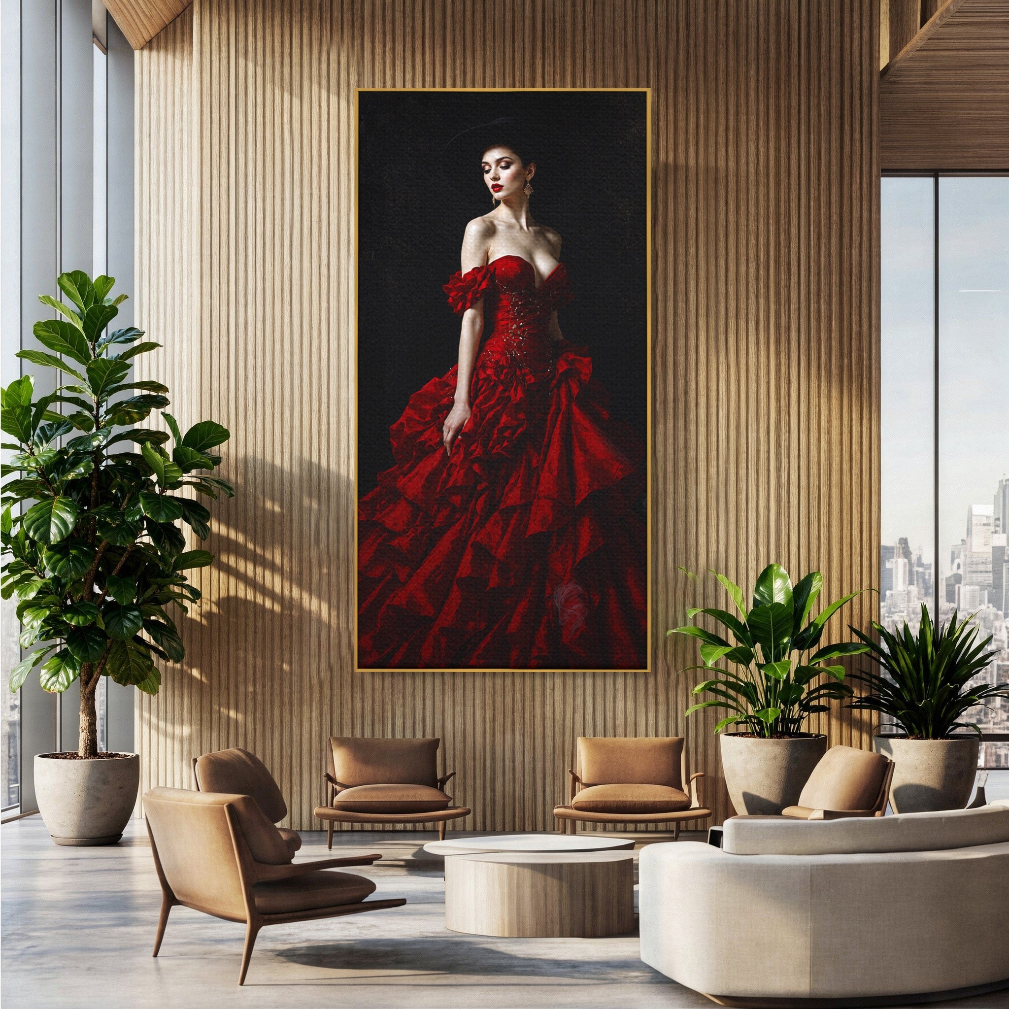 Tablou Canvas Premium LuxCanva® G1269, Eleganta In Rosu, Eleganta, Rochie, Femeie, Portret, Dormitor, Living, Culori Vibrante