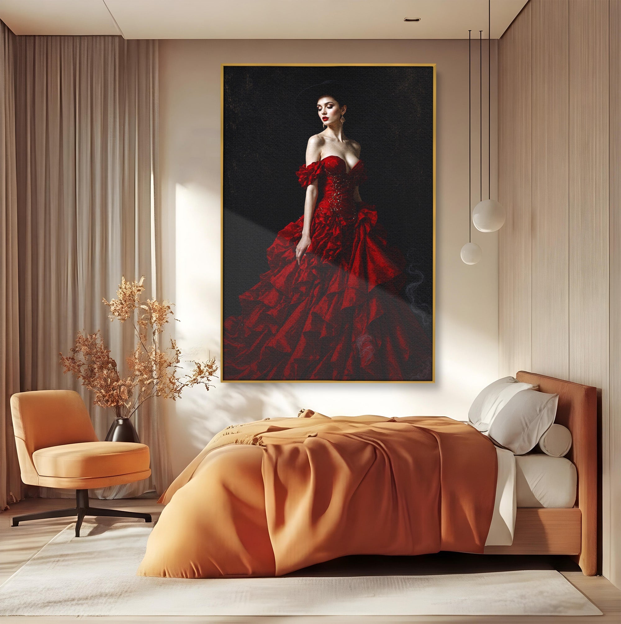 Tablou Canvas Premium LuxCanva® G1269, Eleganta In Rosu, Eleganta, Rochie, Femeie, Portret, Dormitor, Living, Culori Vibrante