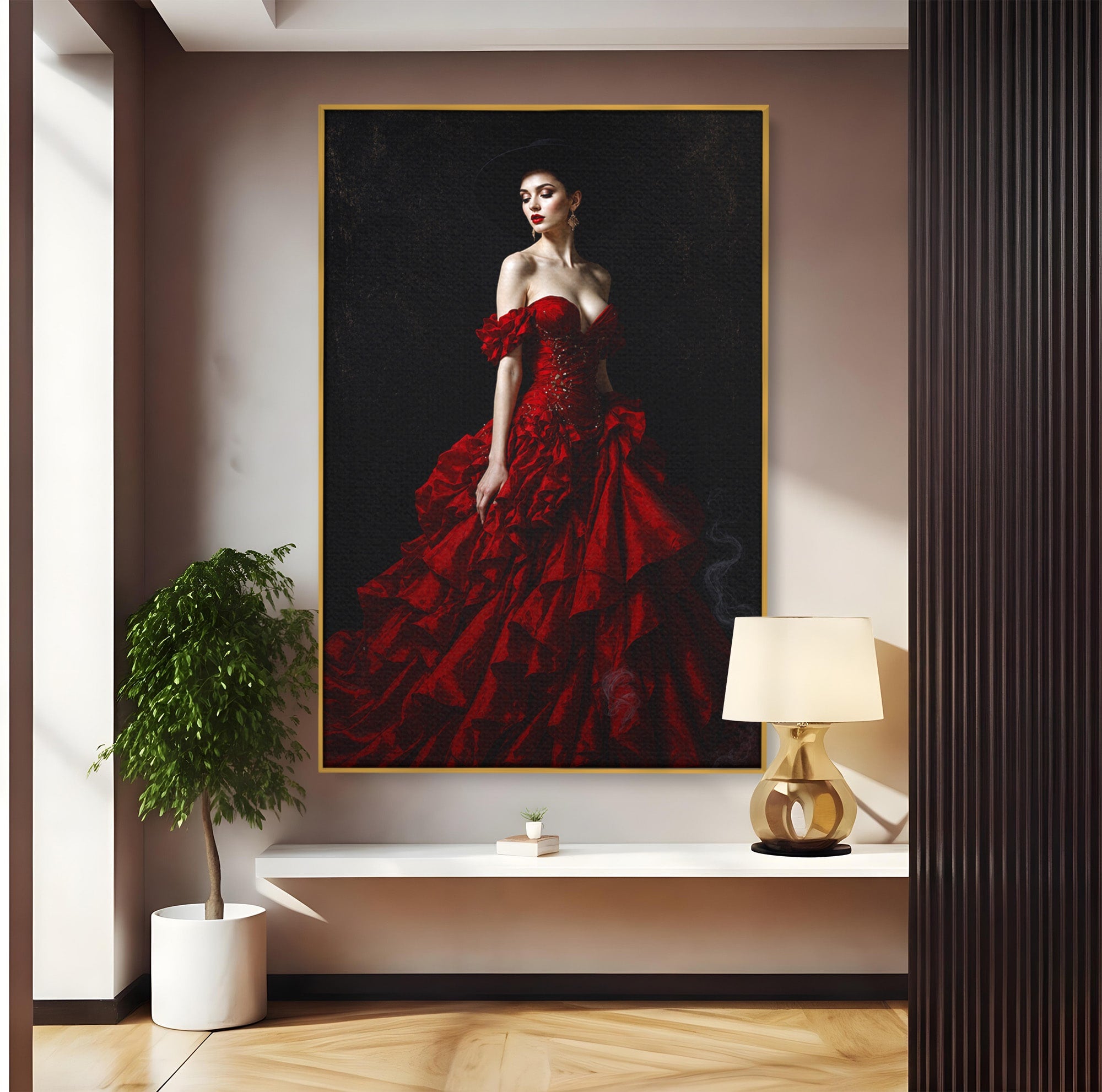 Tablou Canvas Premium LuxCanva® G1269, Eleganta In Rosu, Eleganta, Rochie, Femeie, Portret, Dormitor, Living, Culori Vibrante