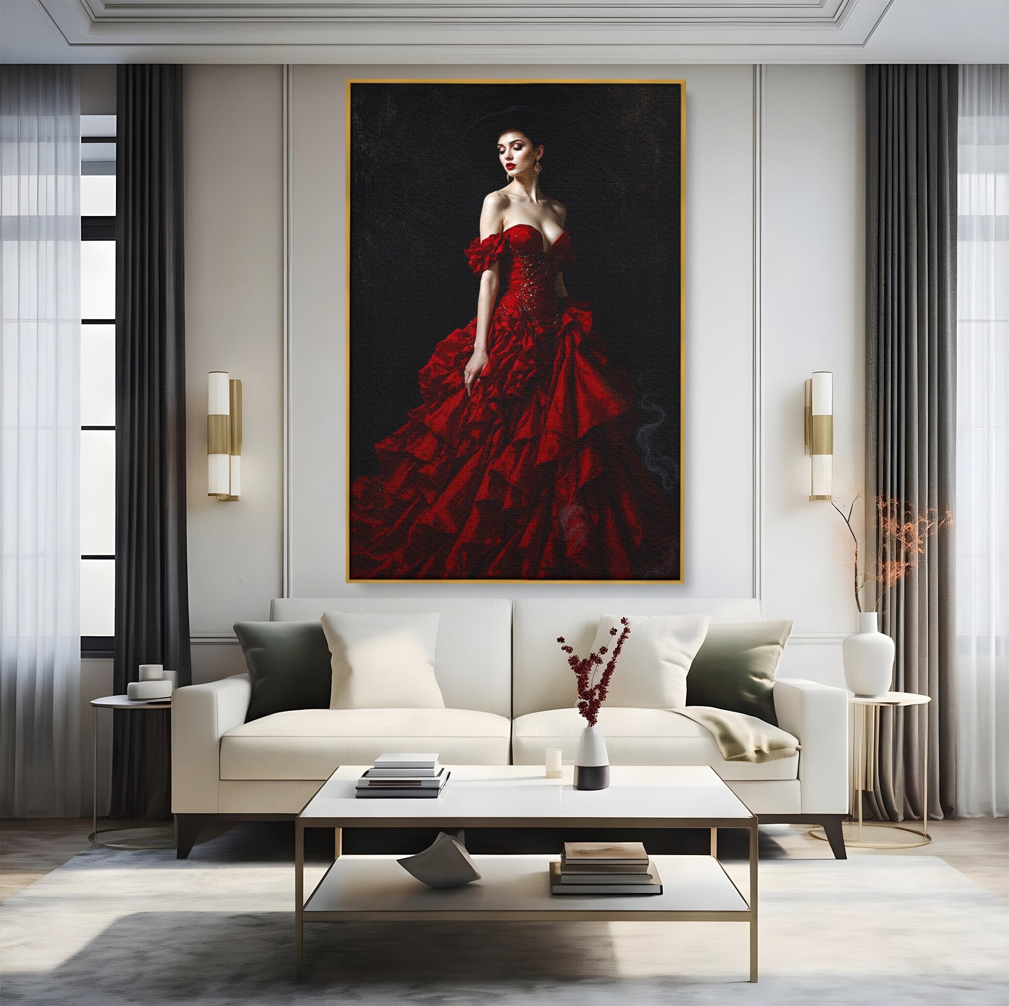 Tablou Canvas Premium LuxCanva® G1269, Eleganta In Rosu, Eleganta, Rochie, Femeie, Portret, Dormitor, Living, Culori Vibrante