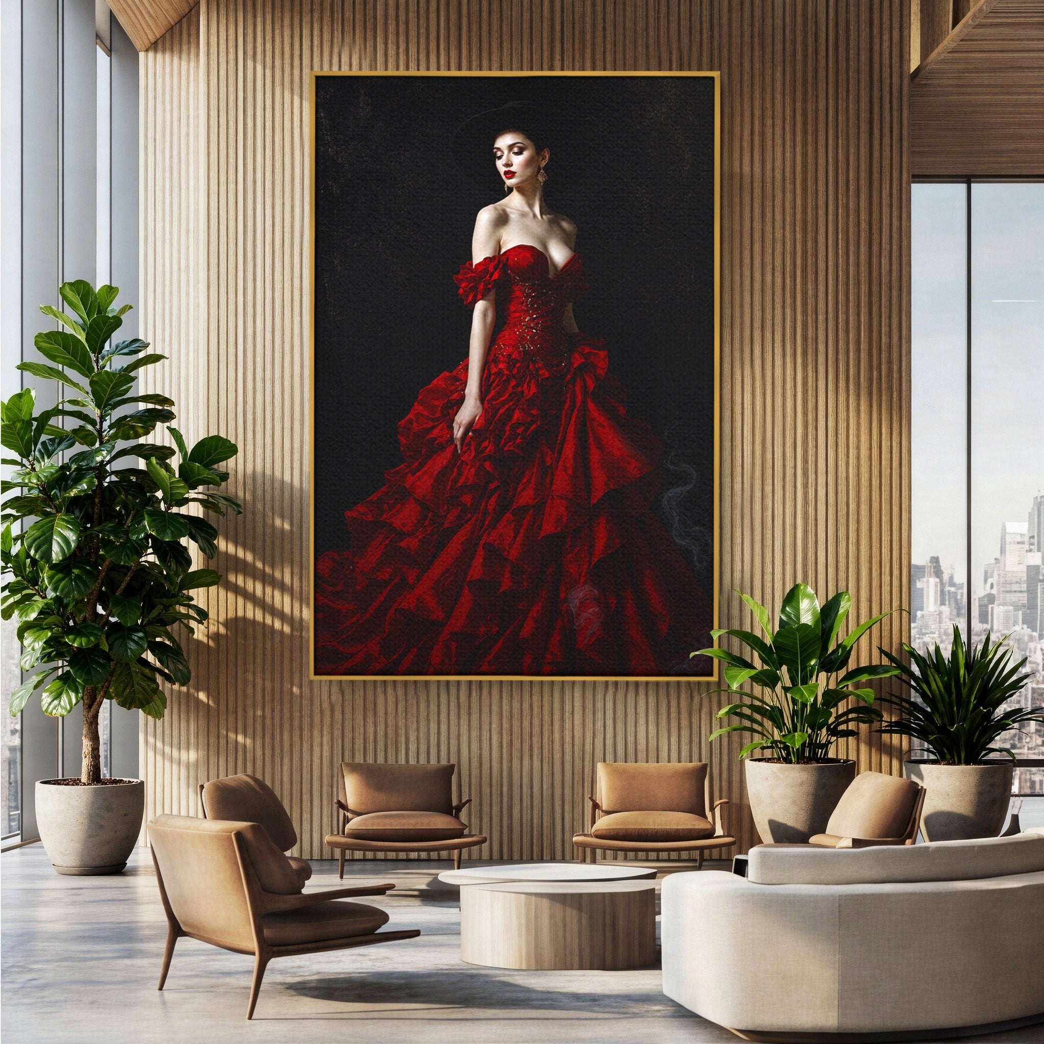 Tablou Canvas Premium LuxCanva® G1269, Eleganta In Rosu, Eleganta, Rochie, Femeie, Portret, Dormitor, Living, Culori Vibrante