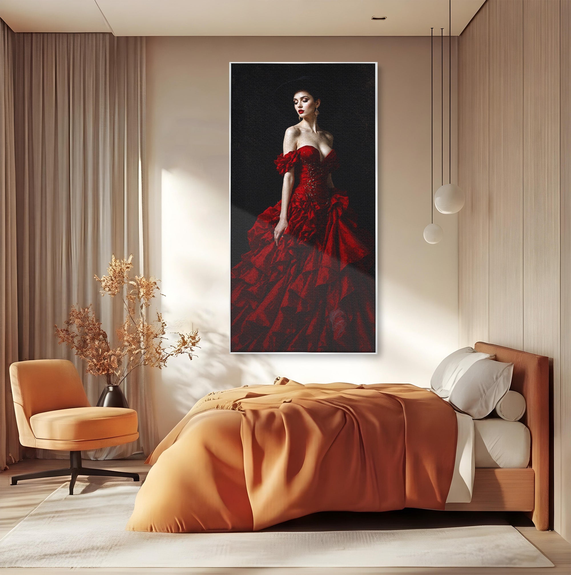Tablou Canvas Premium LuxCanva® G1269, Eleganta In Rosu, Eleganta, Rochie, Femeie, Portret, Dormitor, Living, Culori Vibrante