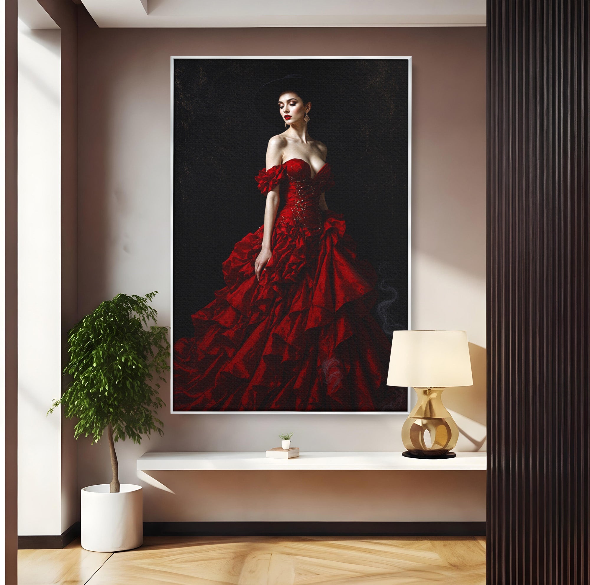 Tablou Canvas Premium LuxCanva® G1269, Eleganta In Rosu, Eleganta, Rochie, Femeie, Portret, Dormitor, Living, Culori Vibrante