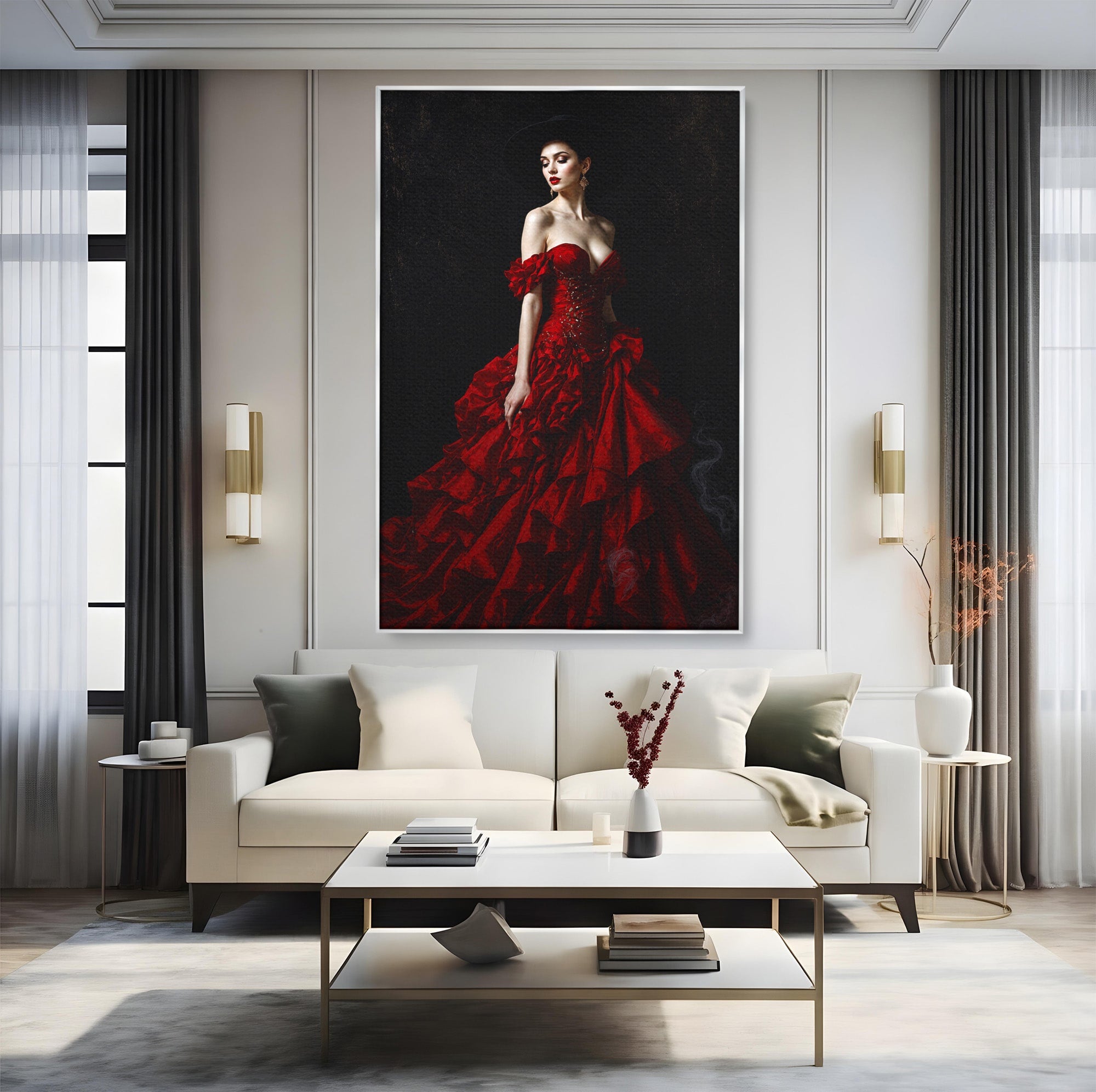 Tablou Canvas Premium LuxCanva® G1269, Eleganta In Rosu, Eleganta, Rochie, Femeie, Portret, Dormitor, Living, Culori Vibrante