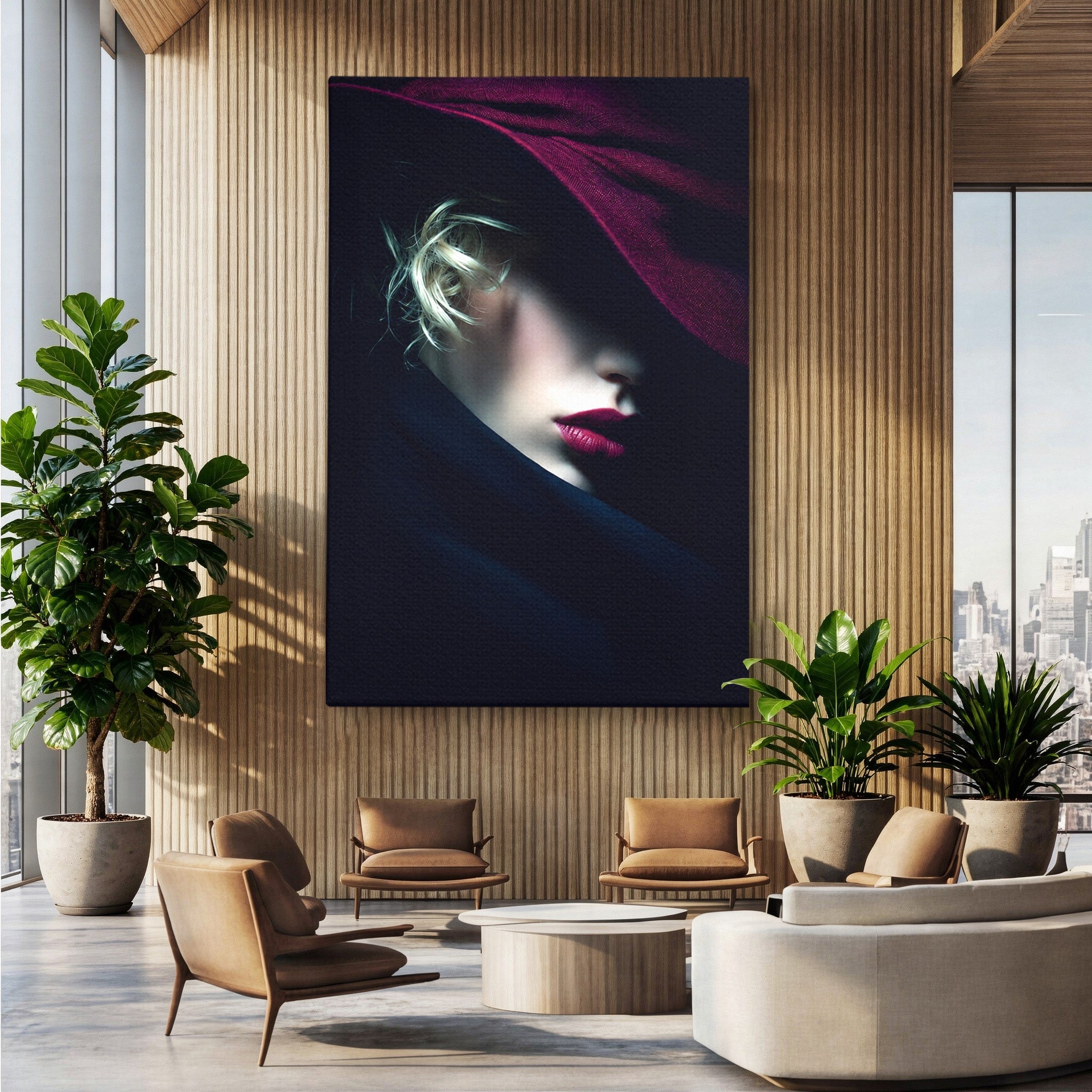 Tablou Canvas Premium LuxCanva® G1271, Misterioasa Doamna In Palarie, Portret, Palarie, Mister, Eleganta, Dormitor, Culori Vibrante