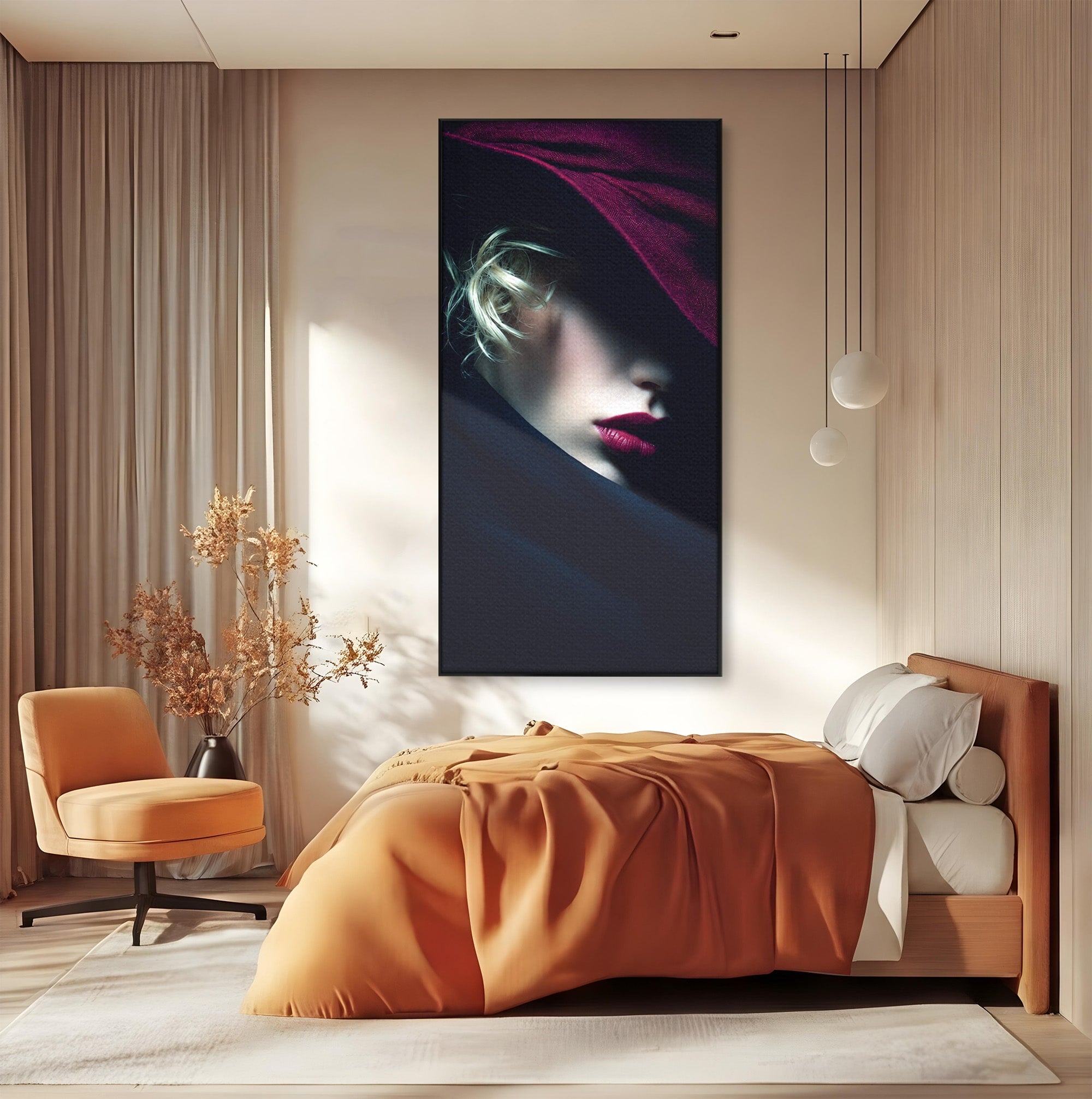 Tablou Canvas Premium LuxCanva® G1271, Misterioasa Doamna In Palarie, Portret, Palarie, Mister, Eleganta, Dormitor, Culori Vibrante