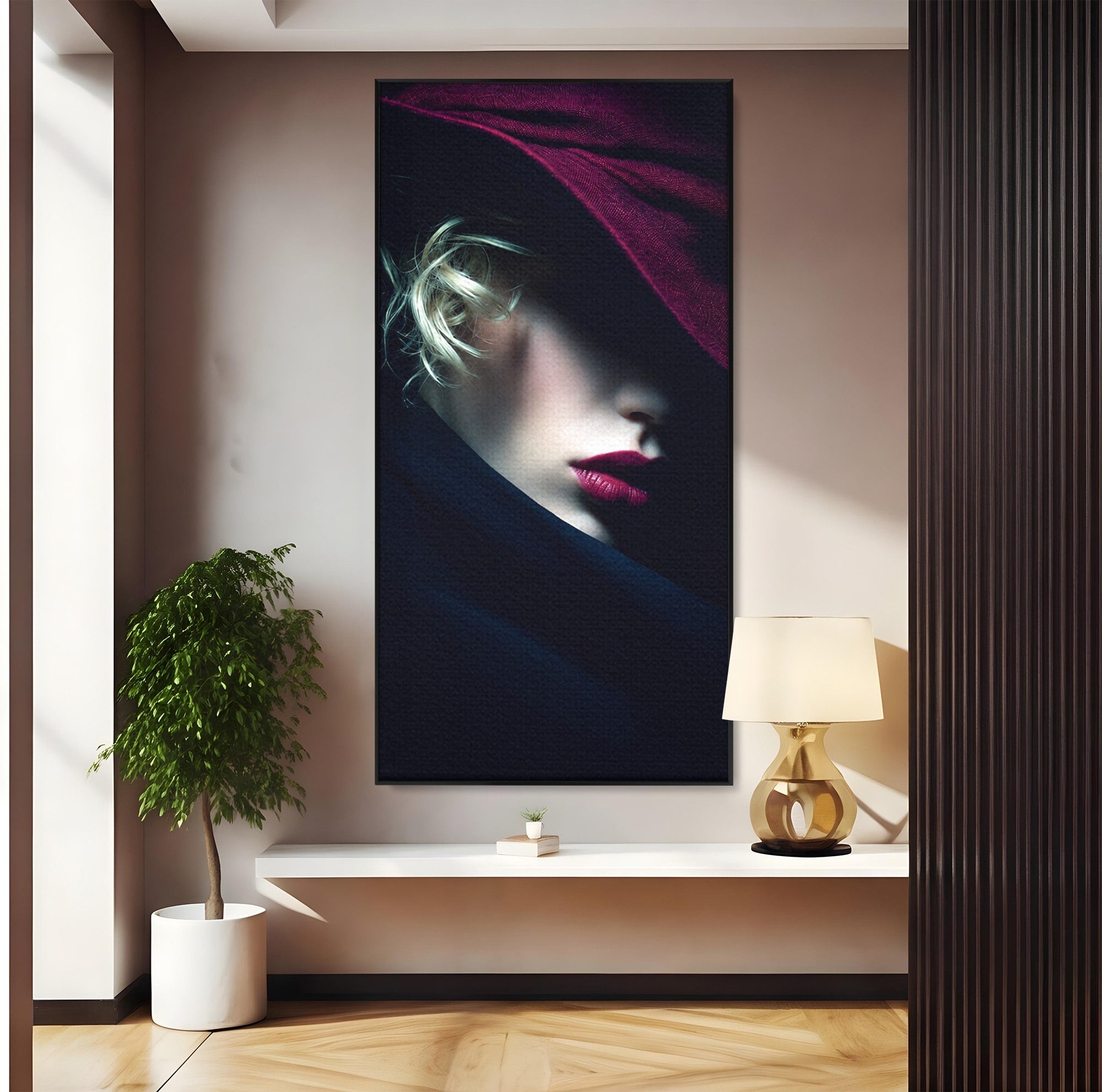 Tablou Canvas Premium LuxCanva® G1271, Misterioasa Doamna In Palarie, Portret, Palarie, Mister, Eleganta, Dormitor, Culori Vibrante