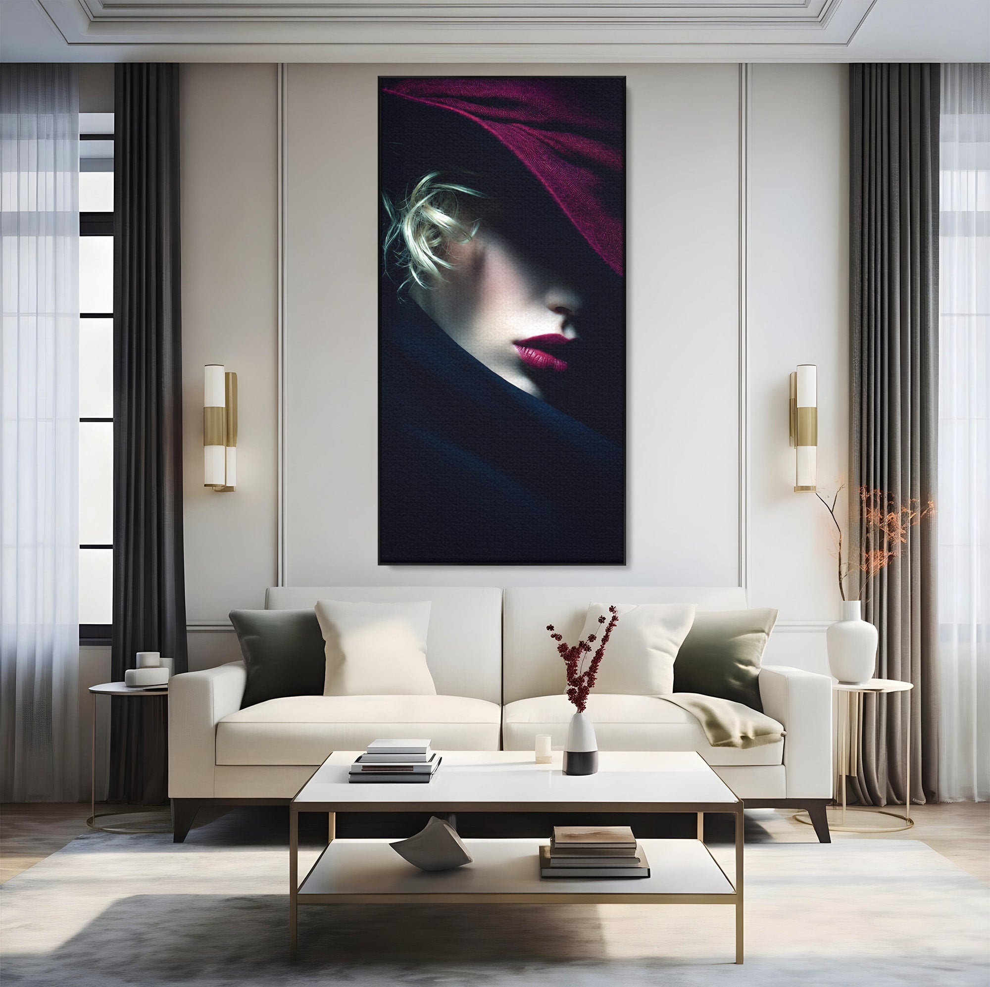 Tablou Canvas Premium LuxCanva® G1271, Misterioasa Doamna In Palarie, Portret, Palarie, Mister, Eleganta, Dormitor, Culori Vibrante