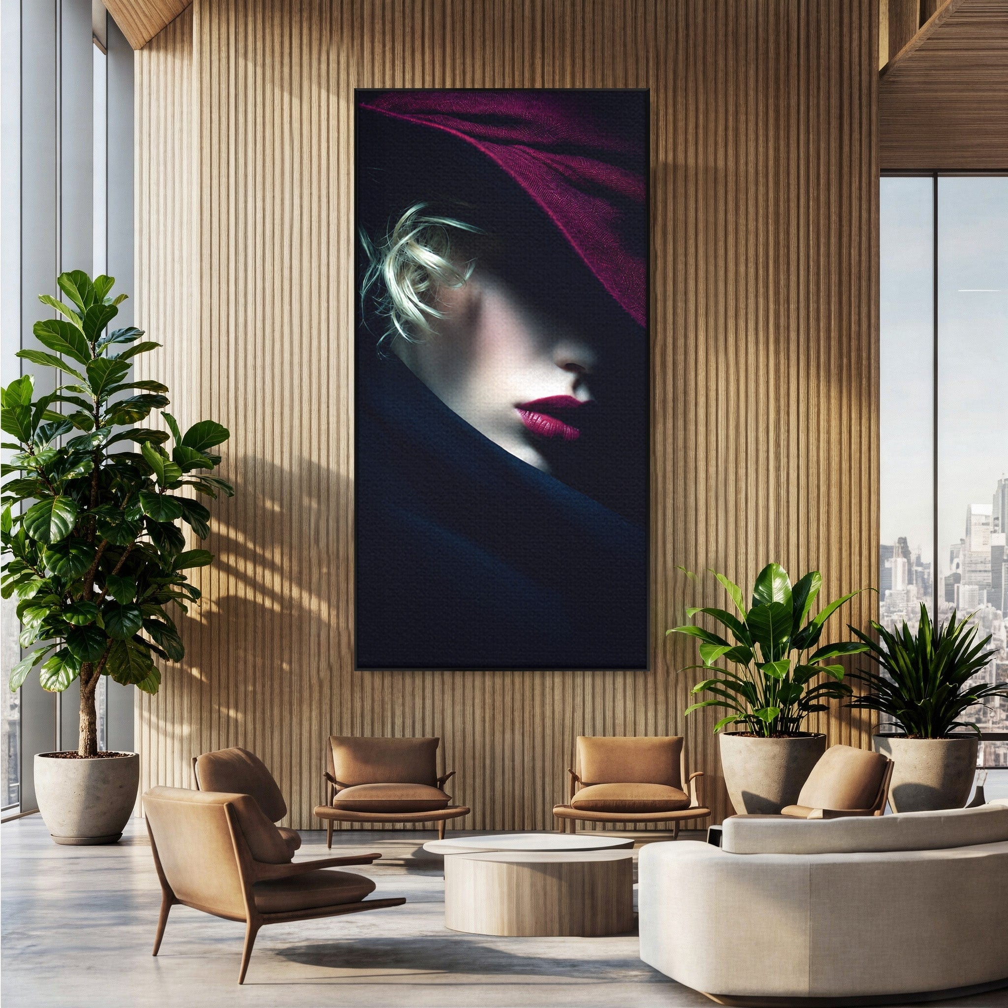 Tablou Canvas Premium LuxCanva® G1271, Misterioasa Doamna In Palarie, Portret, Palarie, Mister, Eleganta, Dormitor, Culori Vibrante