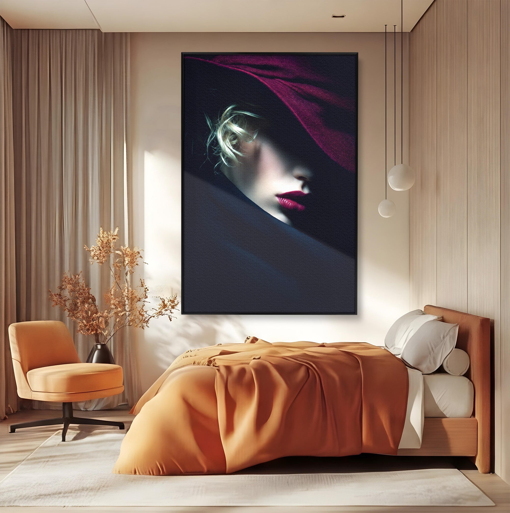 Tablou Canvas Premium LuxCanva® G1271, Misterioasa Doamna In Palarie, Portret, Palarie, Mister, Eleganta, Dormitor, Culori Vibrante
