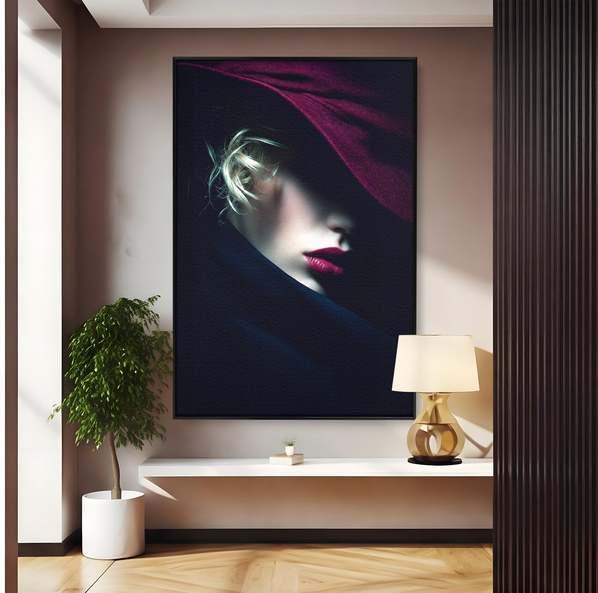 Tablou Canvas Premium LuxCanva® G1271, Misterioasa Doamna In Palarie, Portret, Palarie, Mister, Eleganta, Dormitor, Culori Vibrante