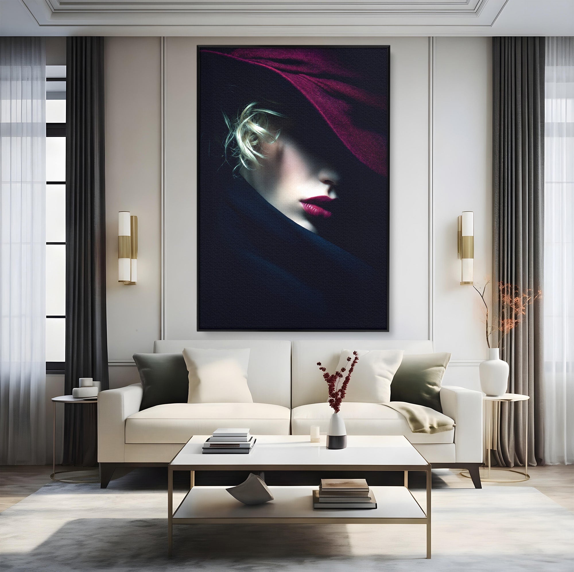 Tablou Canvas Premium LuxCanva® G1271, Misterioasa Doamna In Palarie, Portret, Palarie, Mister, Eleganta, Dormitor, Culori Vibrante