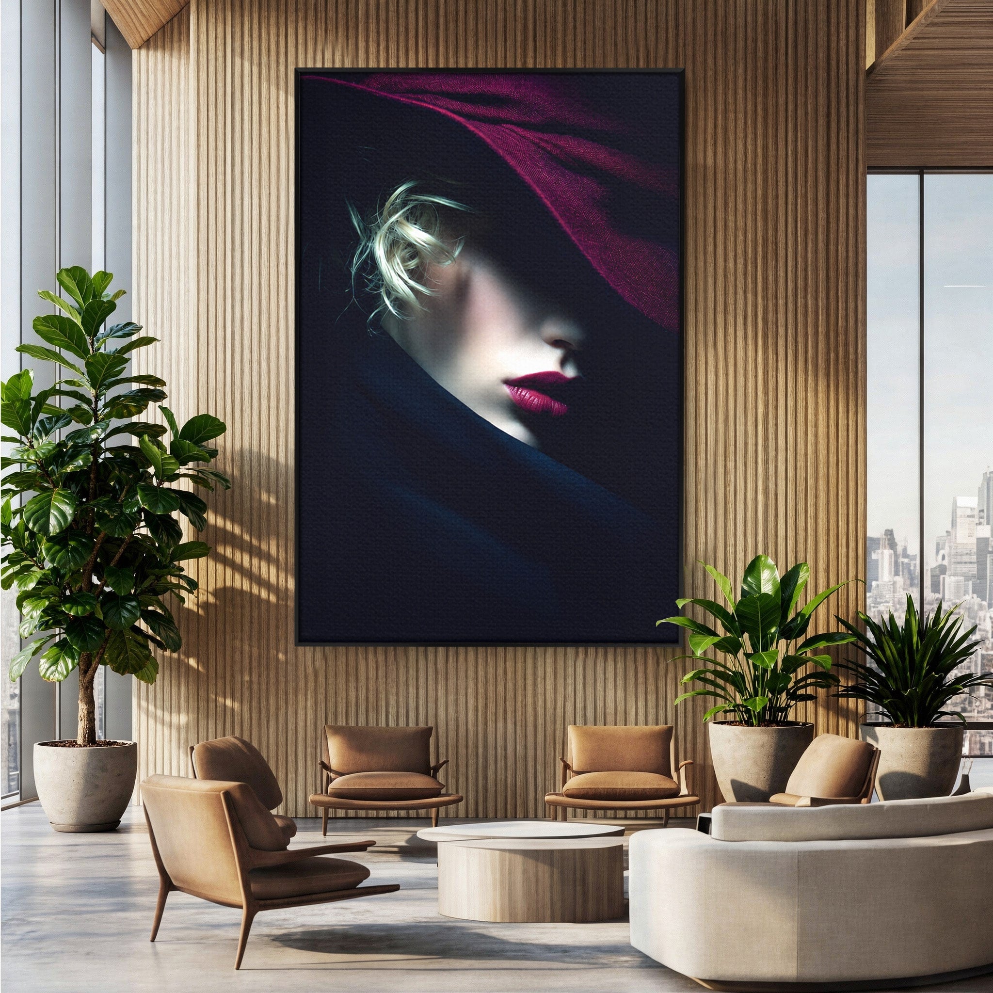Tablou Canvas Premium LuxCanva® G1271, Misterioasa Doamna In Palarie, Portret, Palarie, Mister, Eleganta, Dormitor, Culori Vibrante