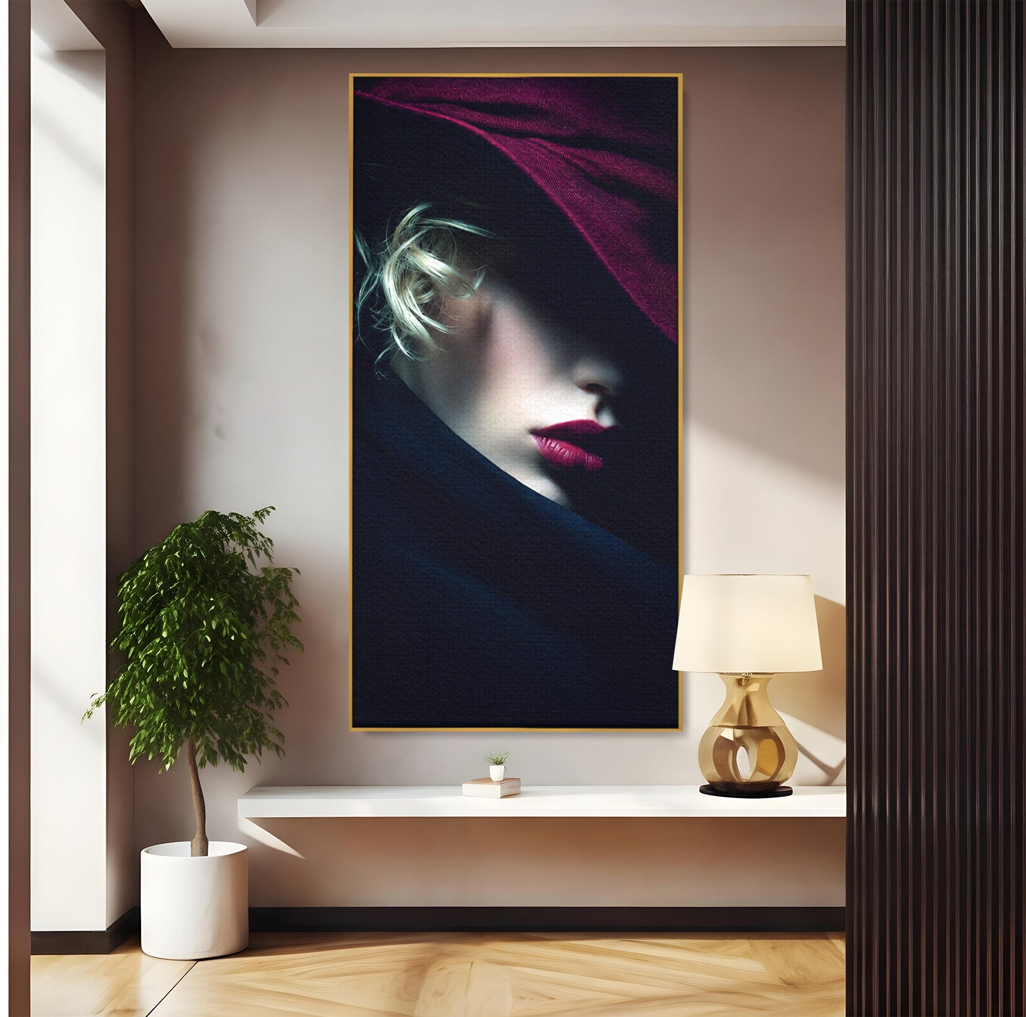Tablou Canvas Premium LuxCanva® G1271, Misterioasa Doamna In Palarie, Portret, Palarie, Mister, Eleganta, Dormitor, Culori Vibrante