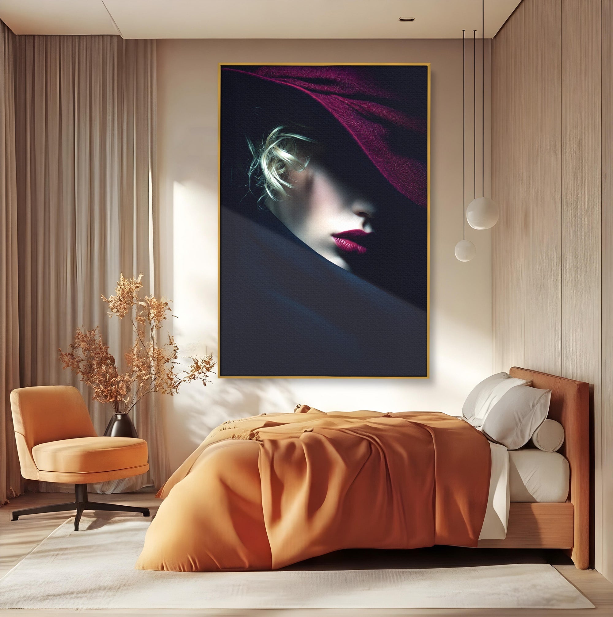 Tablou Canvas Premium LuxCanva® G1271, Misterioasa Doamna In Palarie, Portret, Palarie, Mister, Eleganta, Dormitor, Culori Vibrante