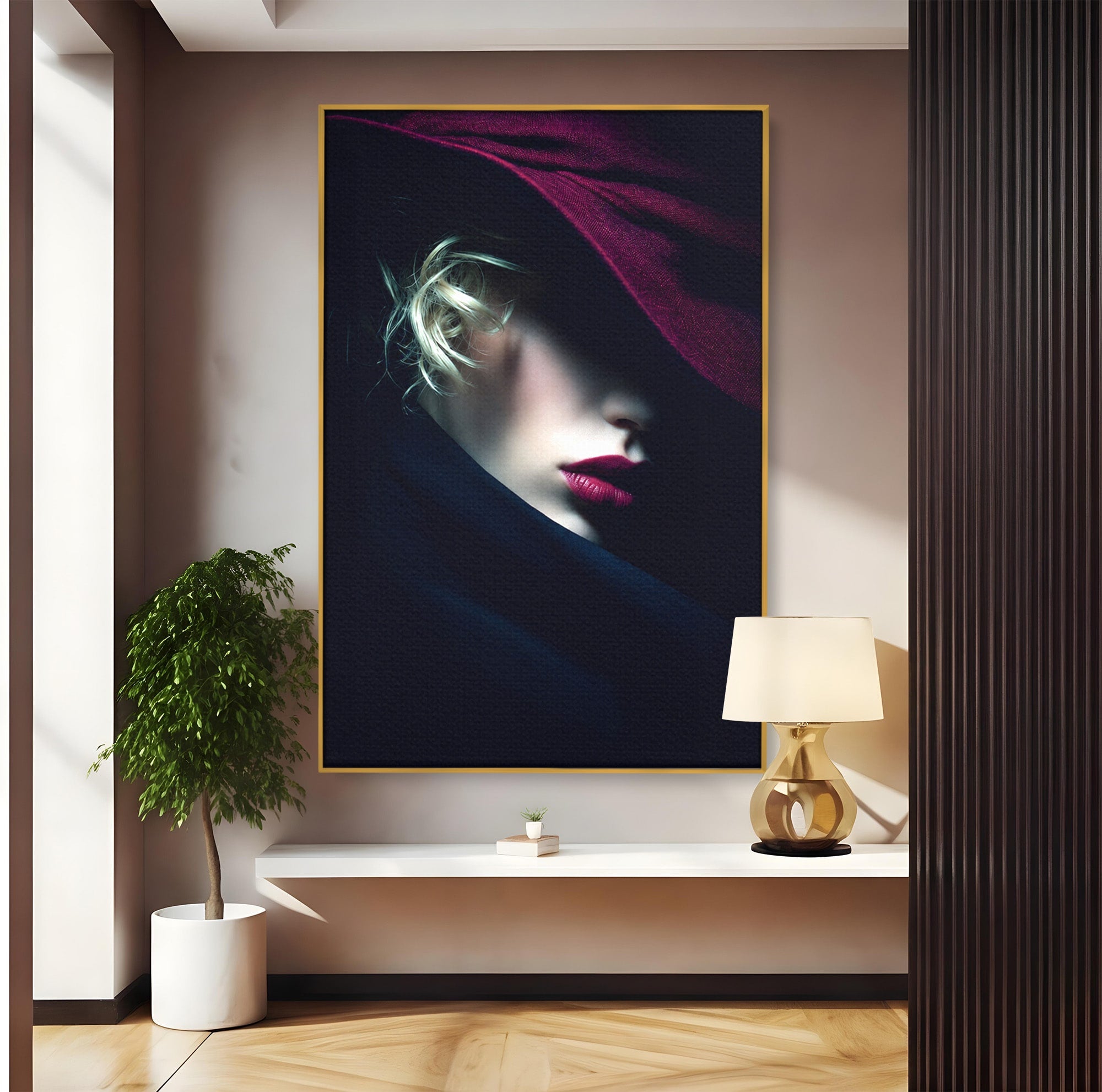 Tablou Canvas Premium LuxCanva® G1271, Misterioasa Doamna In Palarie, Portret, Palarie, Mister, Eleganta, Dormitor, Culori Vibrante