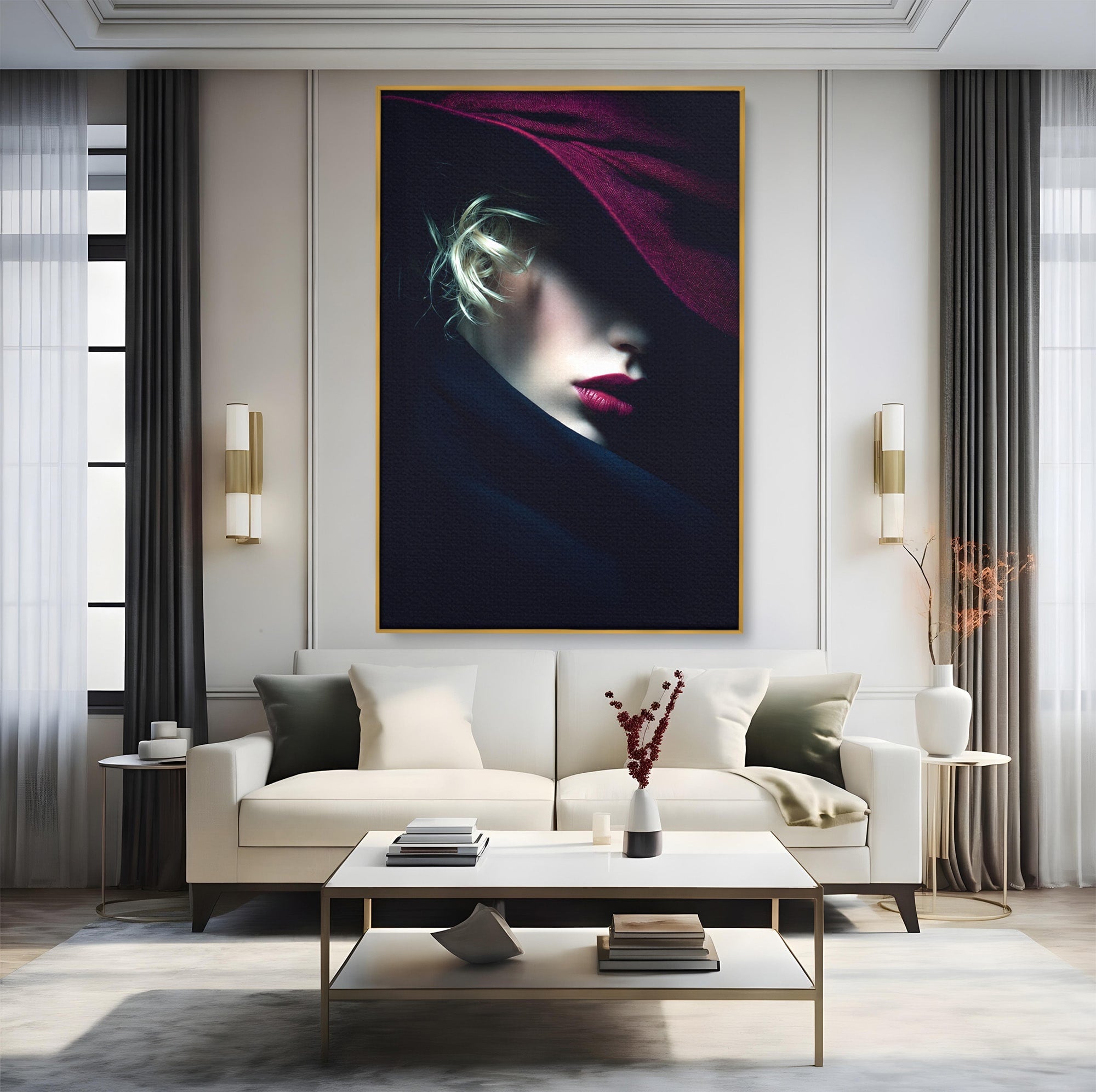 Tablou Canvas Premium LuxCanva® G1271, Misterioasa Doamna In Palarie, Portret, Palarie, Mister, Eleganta, Dormitor, Culori Vibrante