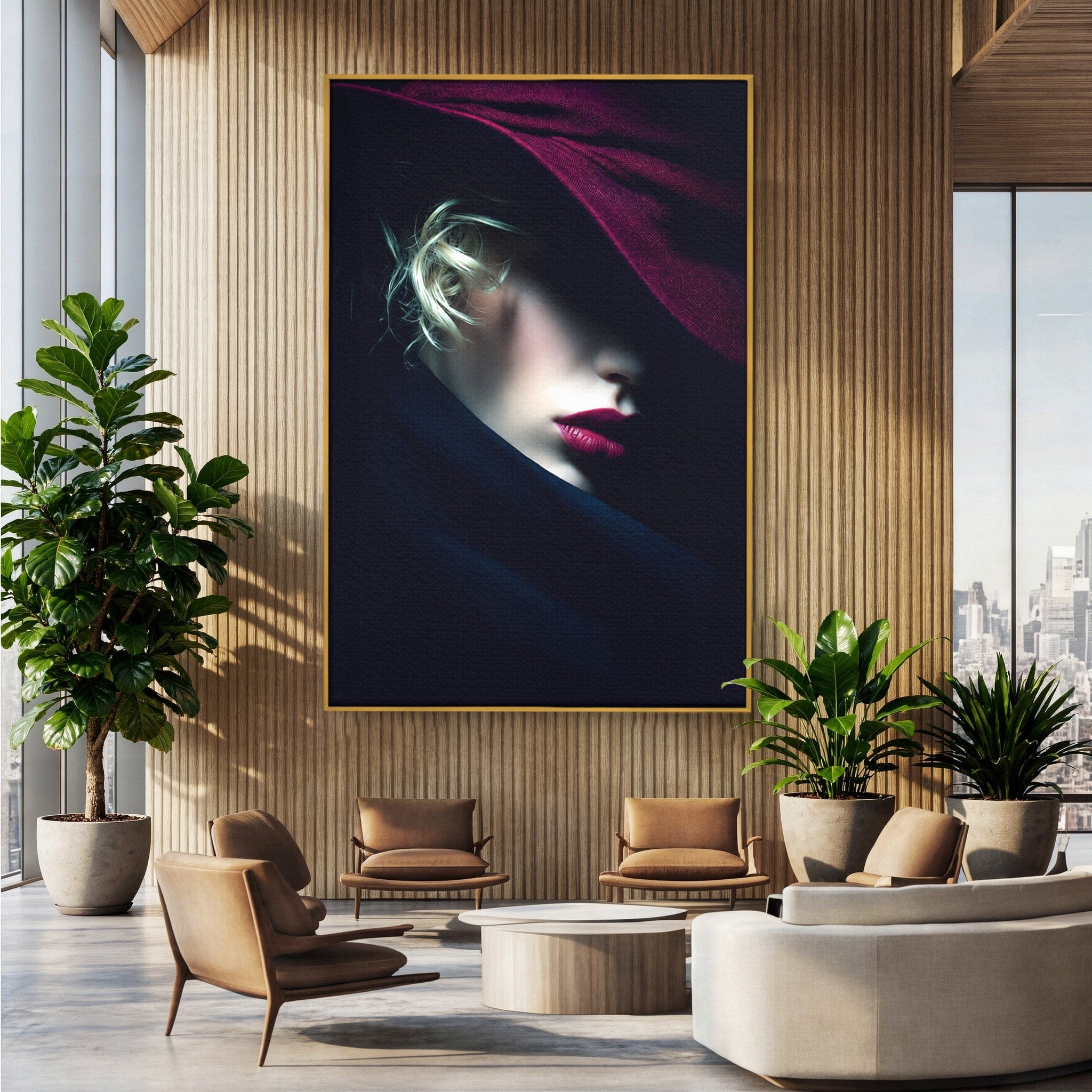 Tablou Canvas Premium LuxCanva® G1271, Misterioasa Doamna In Palarie, Portret, Palarie, Mister, Eleganta, Dormitor, Culori Vibrante