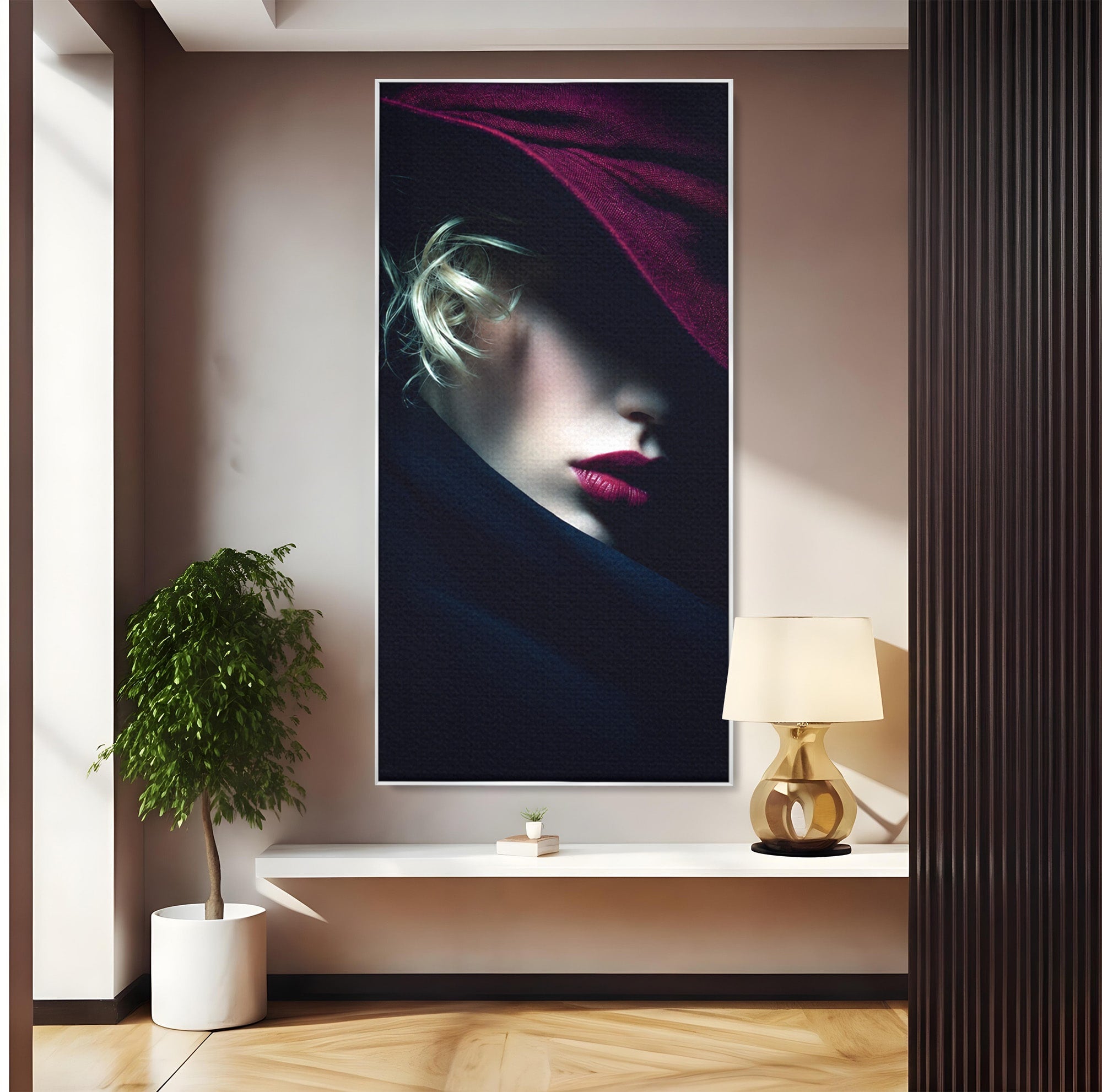 Tablou Canvas Premium LuxCanva® G1271, Misterioasa Doamna In Palarie, Portret, Palarie, Mister, Eleganta, Dormitor, Culori Vibrante