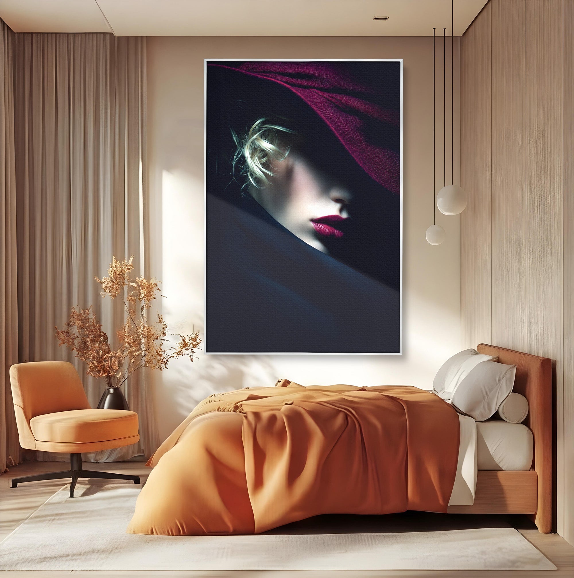 Tablou Canvas Premium LuxCanva® G1271, Misterioasa Doamna In Palarie, Portret, Palarie, Mister, Eleganta, Dormitor, Culori Vibrante